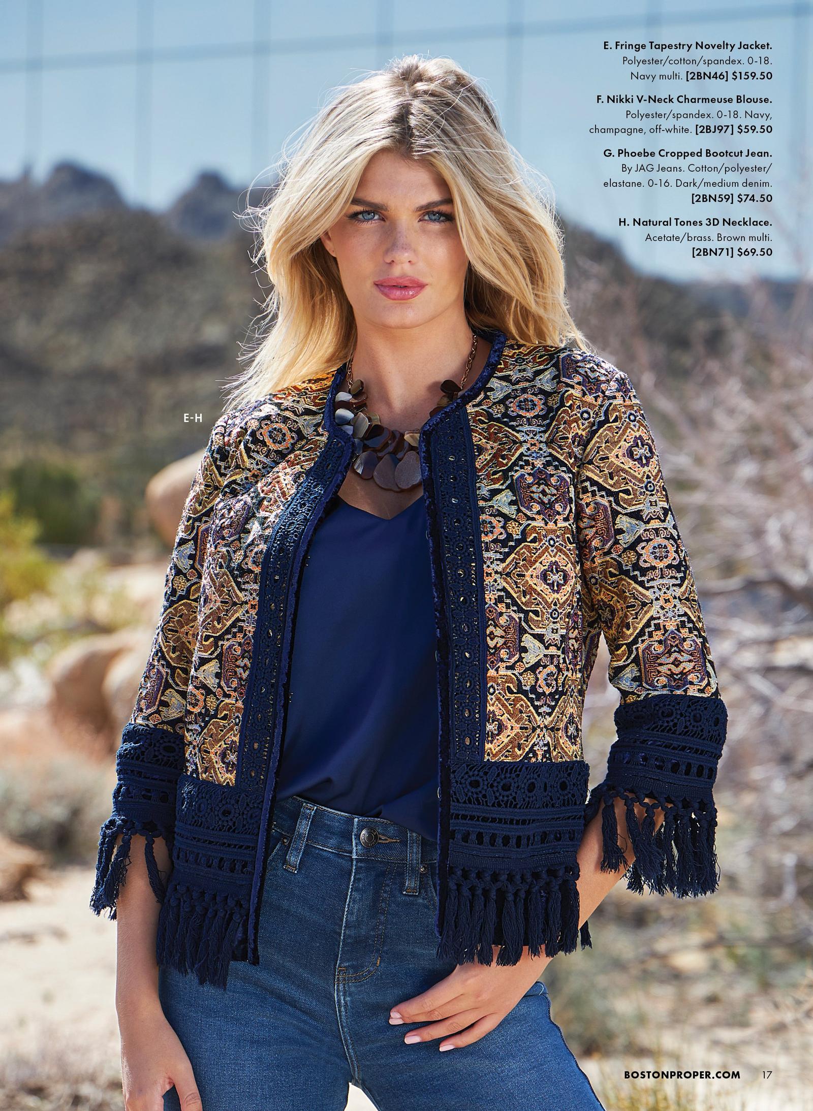 Model is wearing the fringe tapestry novelty jacket, nikki v-neck charmeuse blouse in navy, the phoebe cropped bootcut jean and the natural tones 3D Necklace.