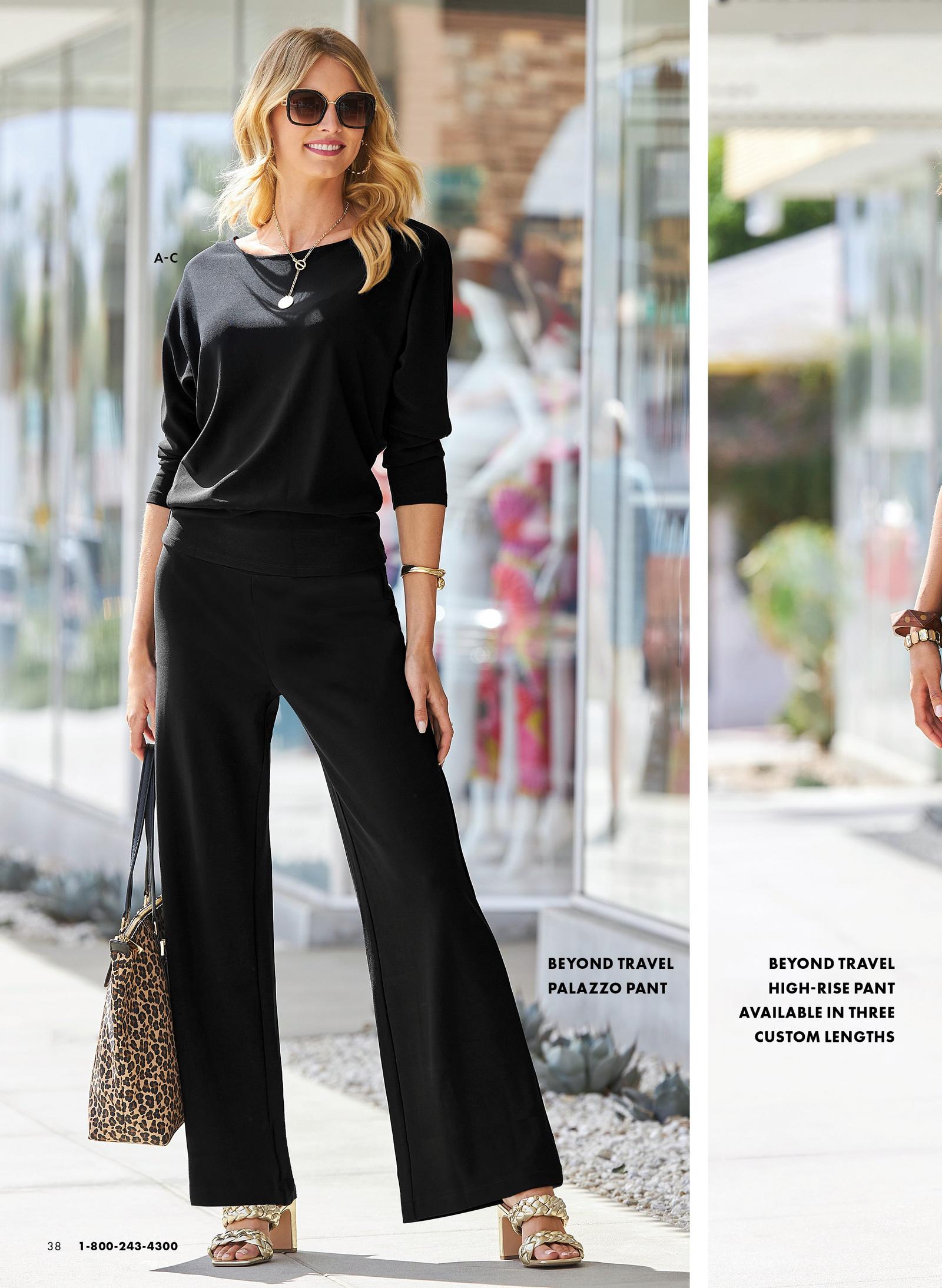 Model is wearing the beyond travel slouchy top in black, the beyond travel palazzo pant in black and the woven braided block heel sandal.