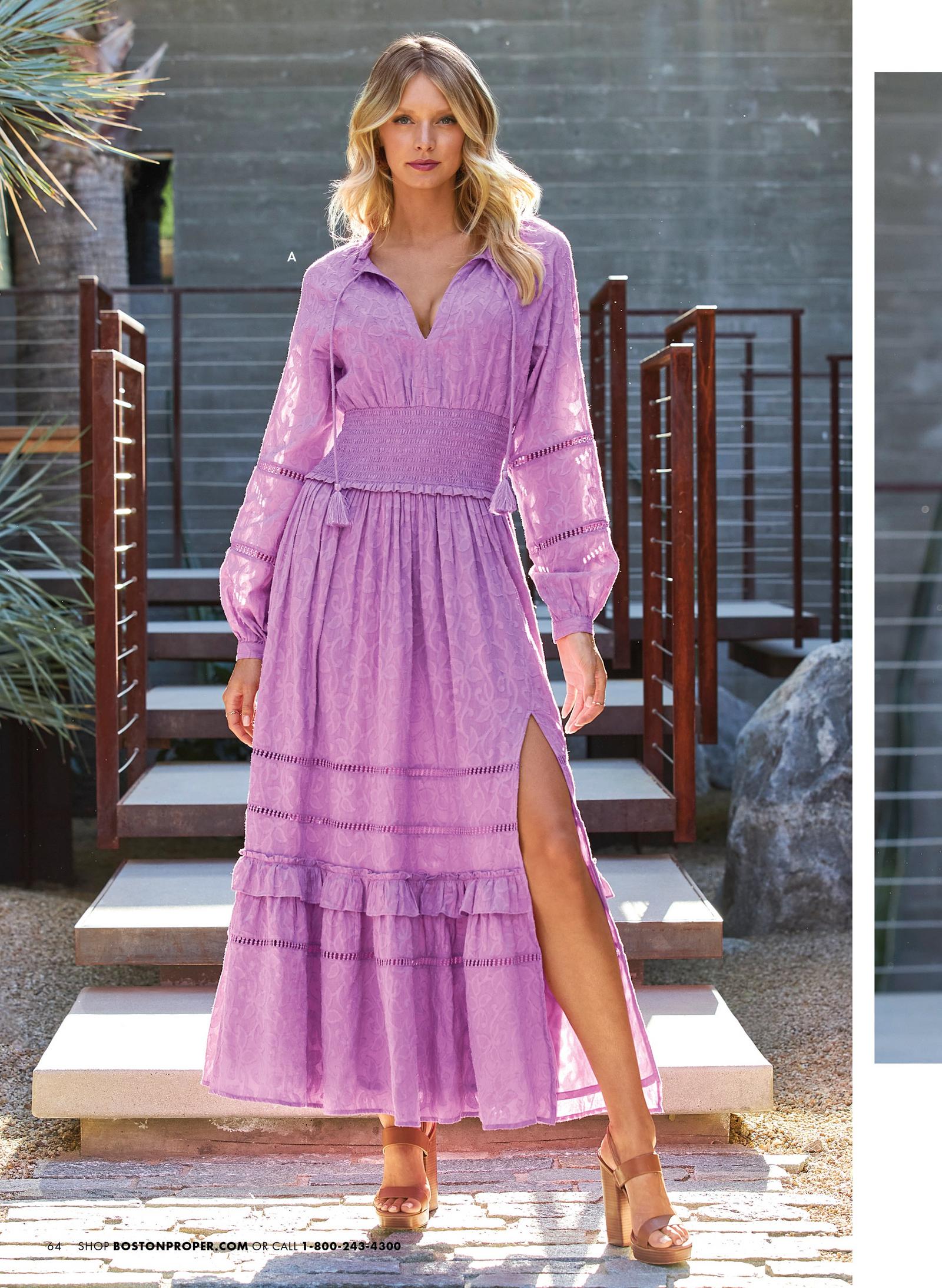 Model is wearing the long sleeve ruffle hem maxi dress in purple.