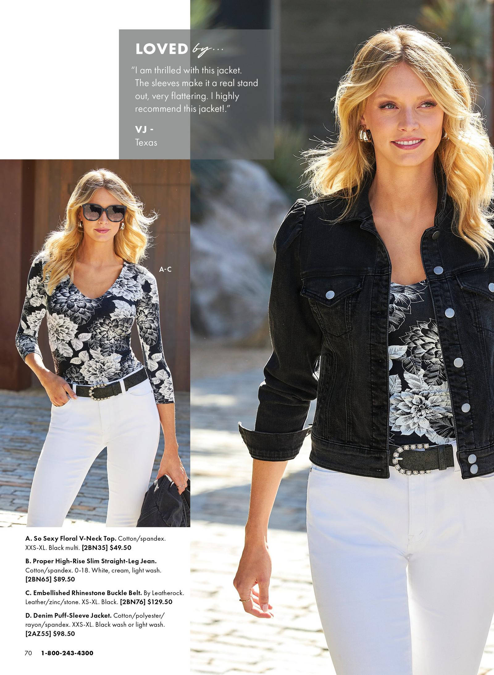 Model on the left is wearing the so sexy floral v-neck top, the proper high rise slim straight leg jean and the embellished rhinestone buckle belt. Model on the right is shown wearing the so sexy floral v-neck top, the proper high rise slim straight leg jean, the embellished rhinestone buckle belt and the denim puff sleeve jacket.