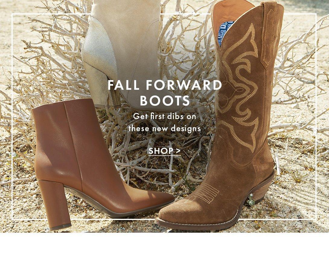brown heeled booties, brown cowboy boots, and light tan heeled booties.