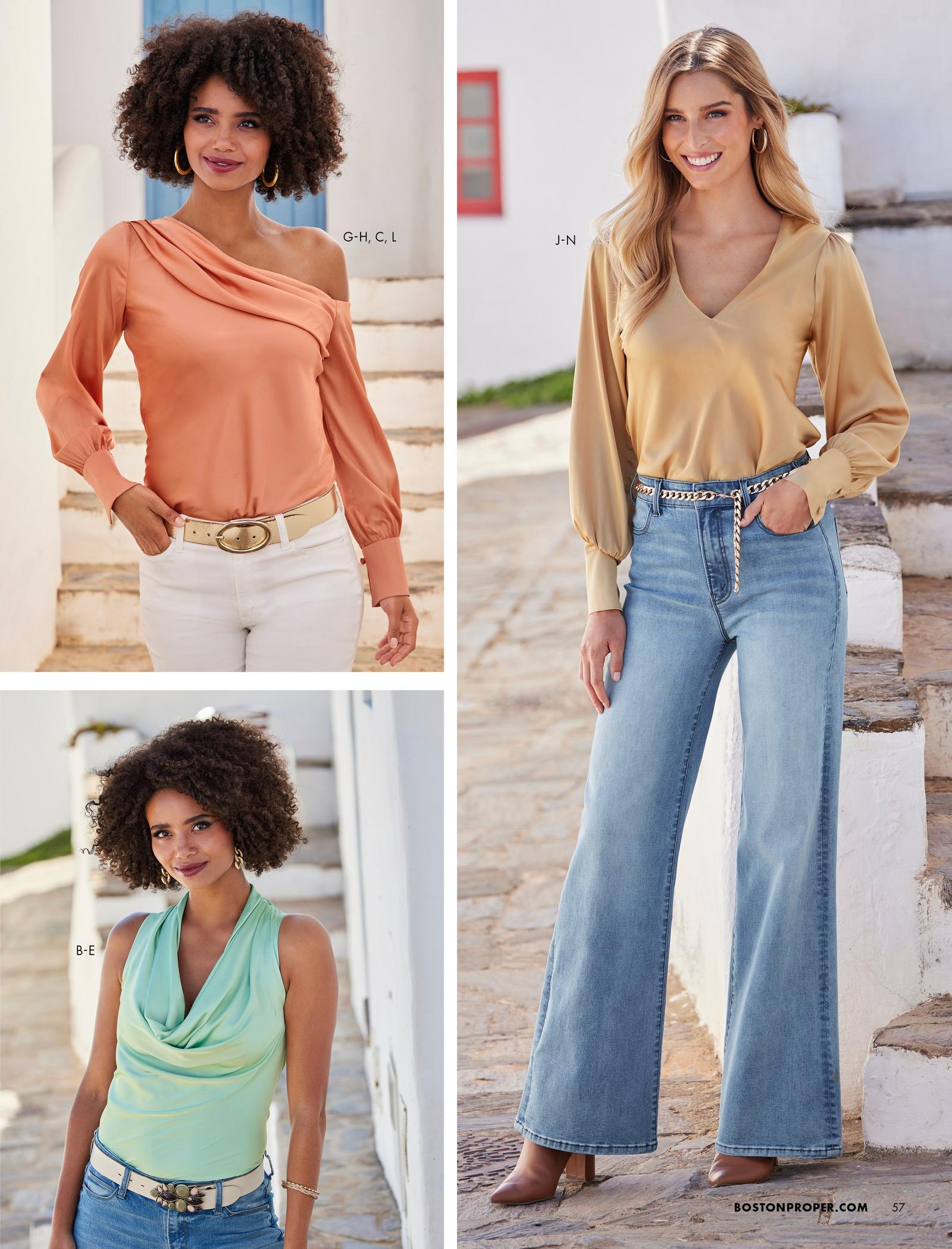 top left model wearing a peach off-the-shoulder long-sleeve charmeuse blouse, gold belt, gold hoop earrings, and white jeans. bottom left model wearing a light green sleeveless cowl neck charmeuse blouse, stone embellished belt, jeans, and gold chain earrings. right model wearing a tan v-neck long-sleeve charmeuse blouse, gold chain belt, gold hoop earrings, palazzo jeans, and gold leather heeled booties.