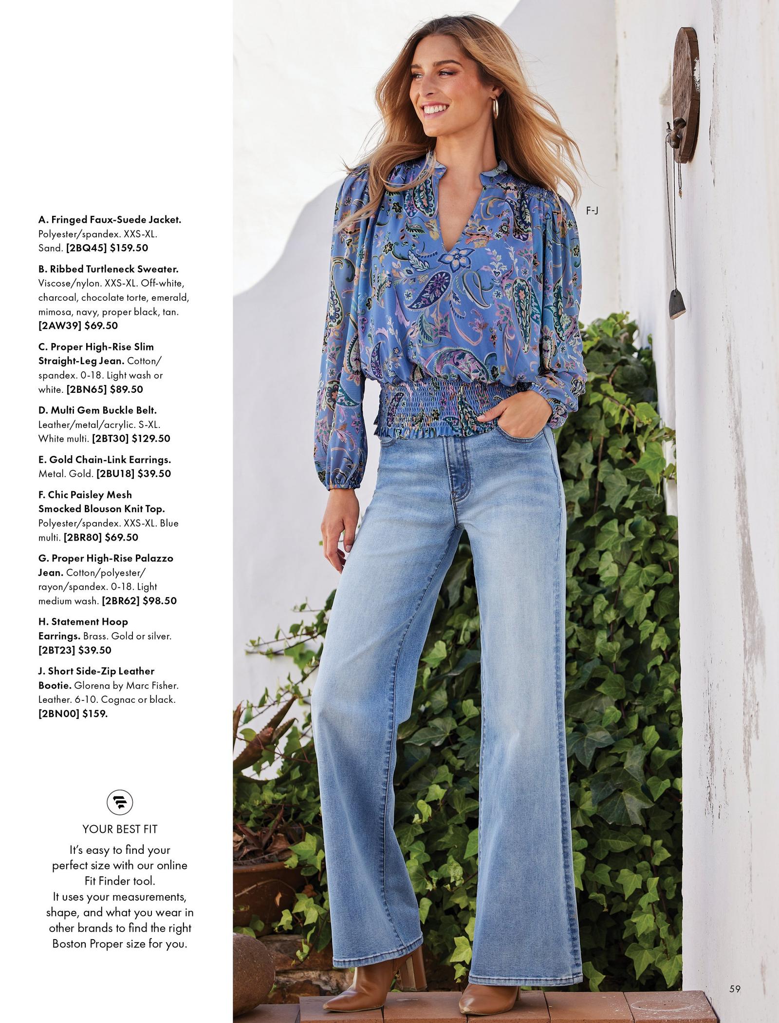 model wearing a blue paisley print long-sleeve blouson smocked top, palazzo jeans, brown leather heeled booties, and gold hoop earrings.