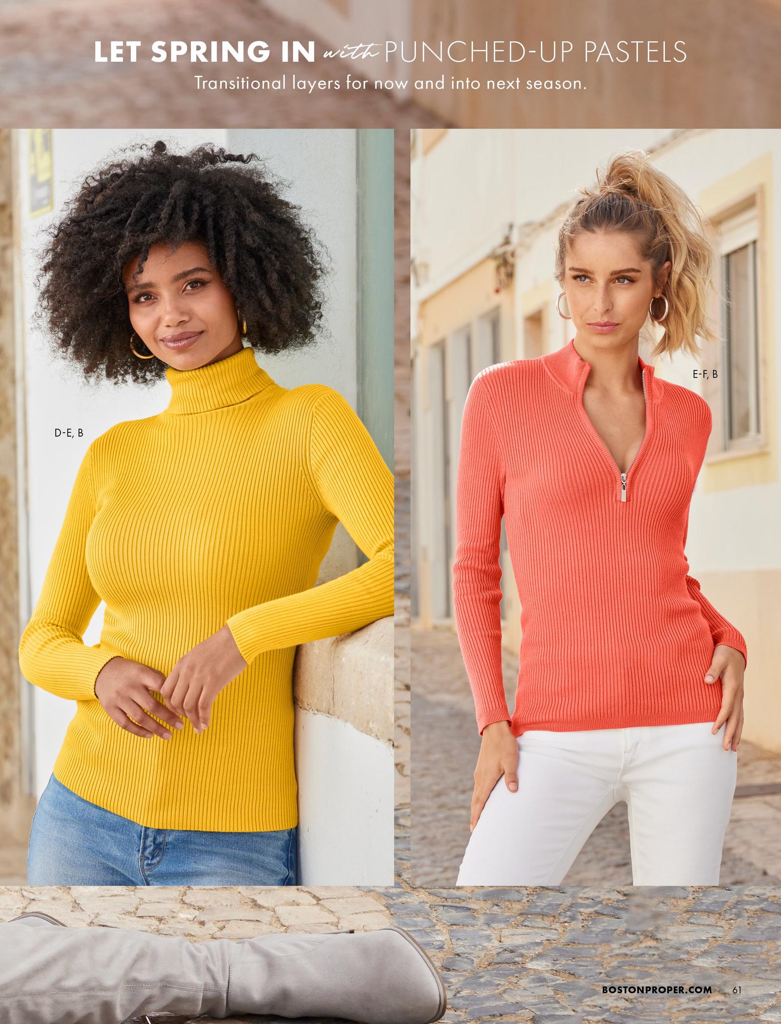left model wearing a yellow ribbed turtleneck sweater, gold hoop earrings, and jeans. right model wearing a coral ribbed half-zip sweater, gold hoop earrings, and white jeans.