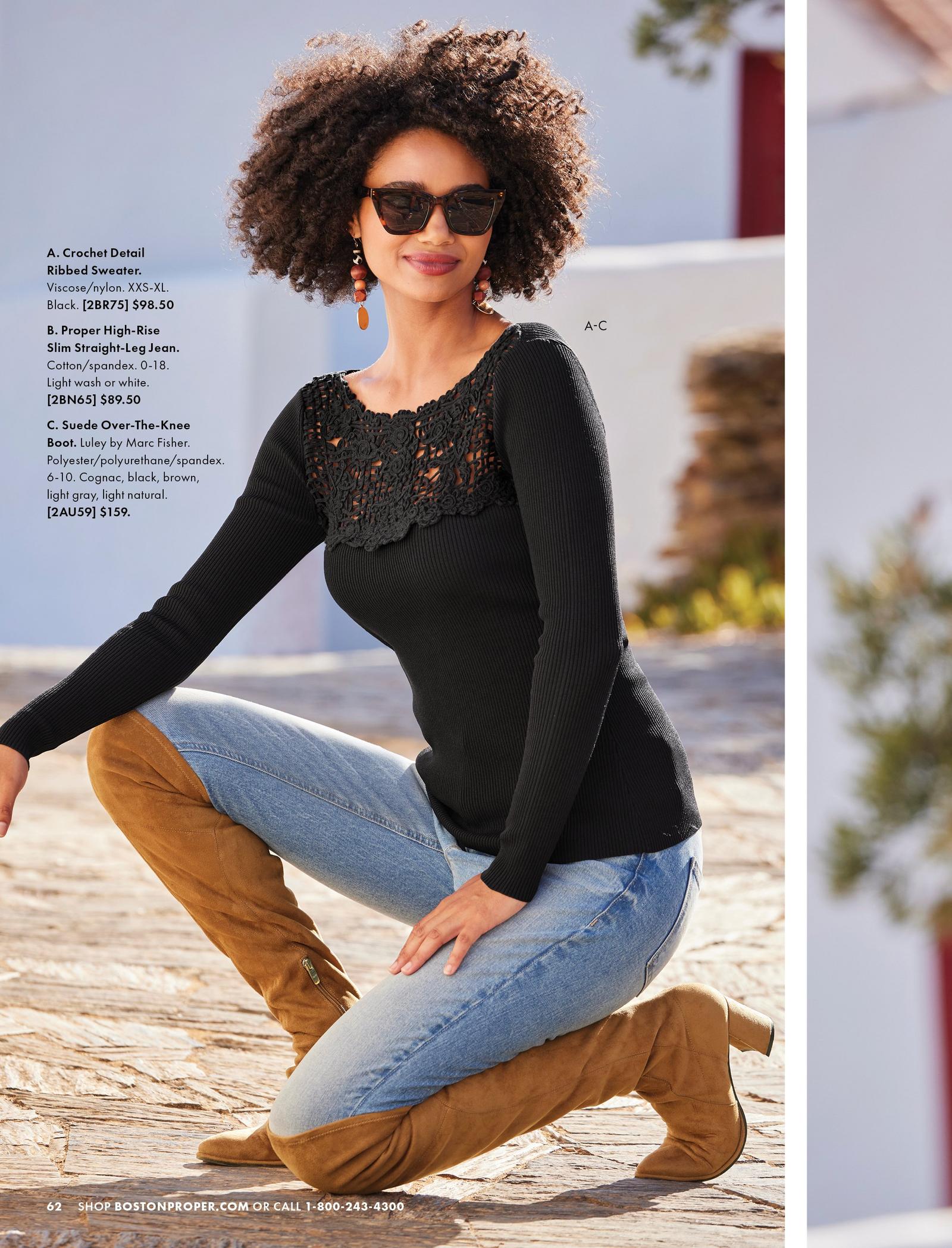 model wearing a black crochet ribbed sweater, jeans, sunglasses, and brown suede over-the-knee boots.