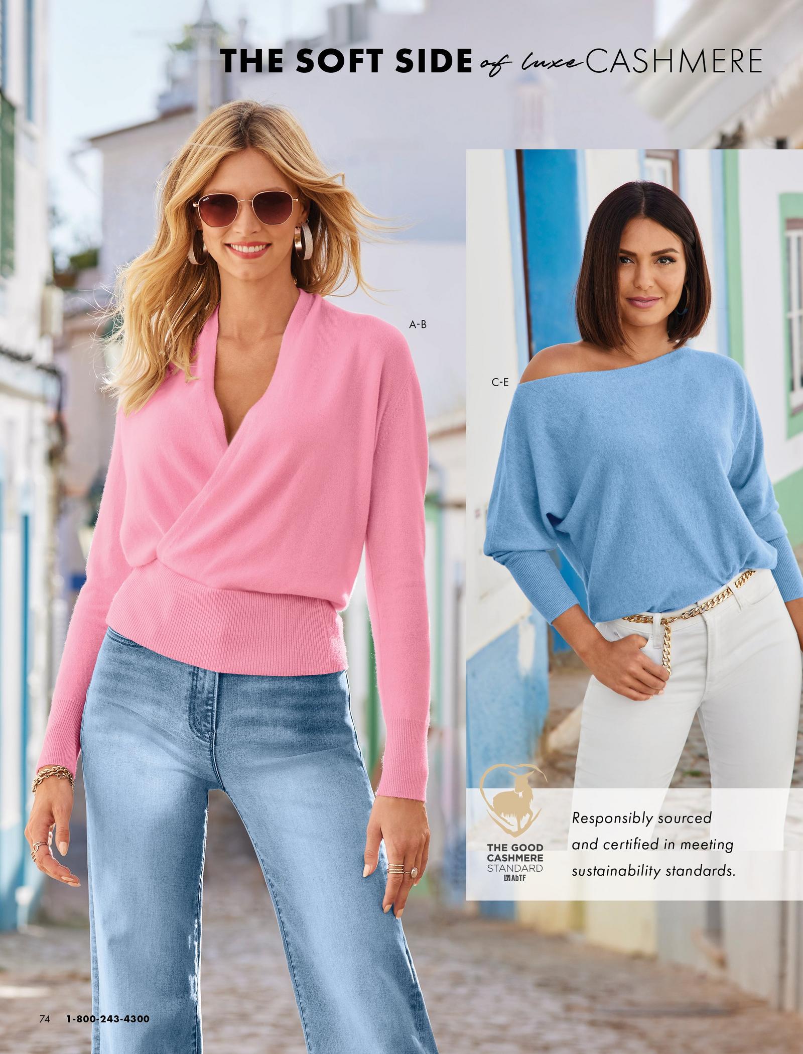 left model wearing a pink cashmere surplice sweater, palazzo jeans, and sunglasses. right model wearing a blue cashmere slouchy sweater, gold chain belt, white jeans.