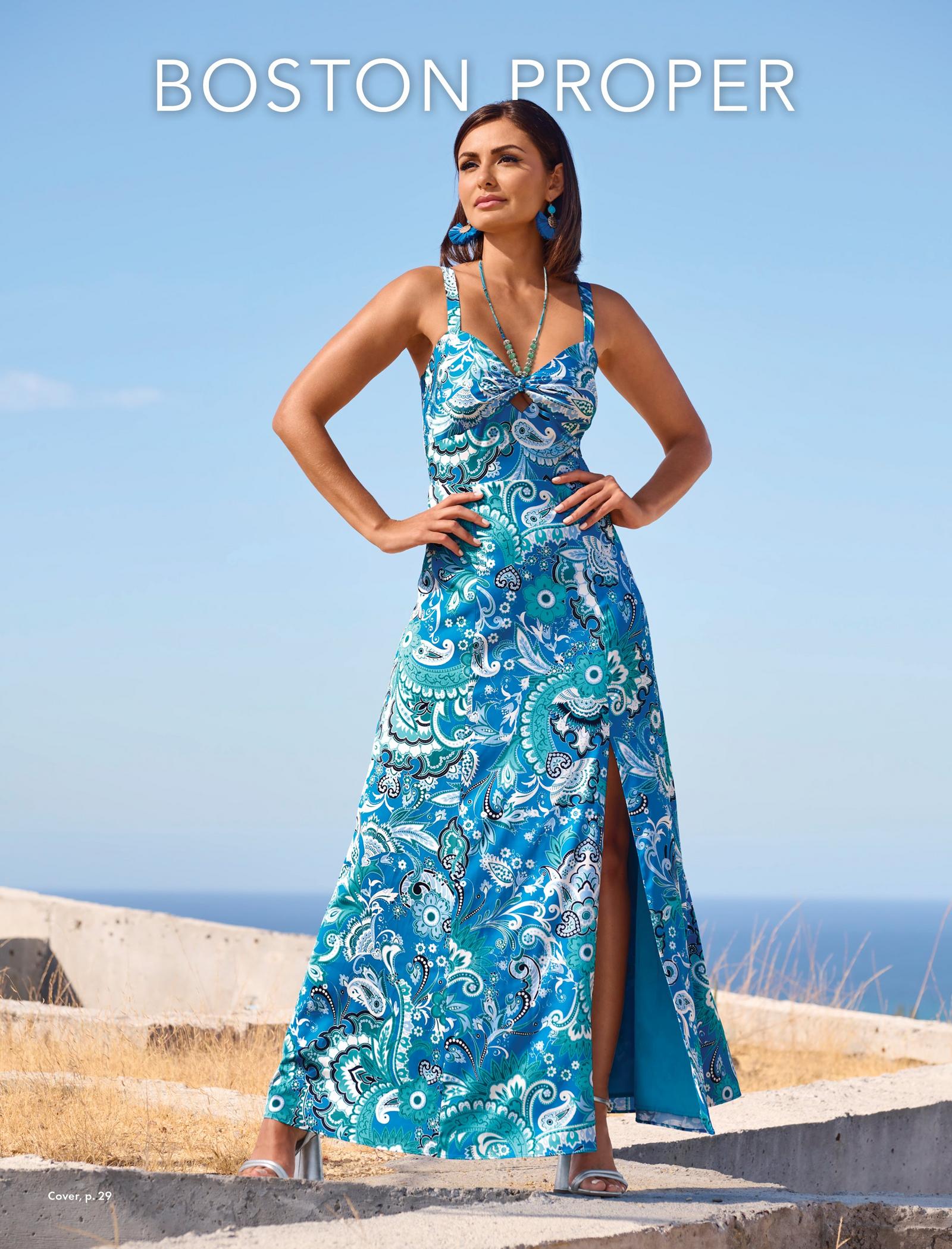 The Model on the cover wears the Stamped Floral Blues Print Necklace-Detail Charmeuse Maxi Dress.