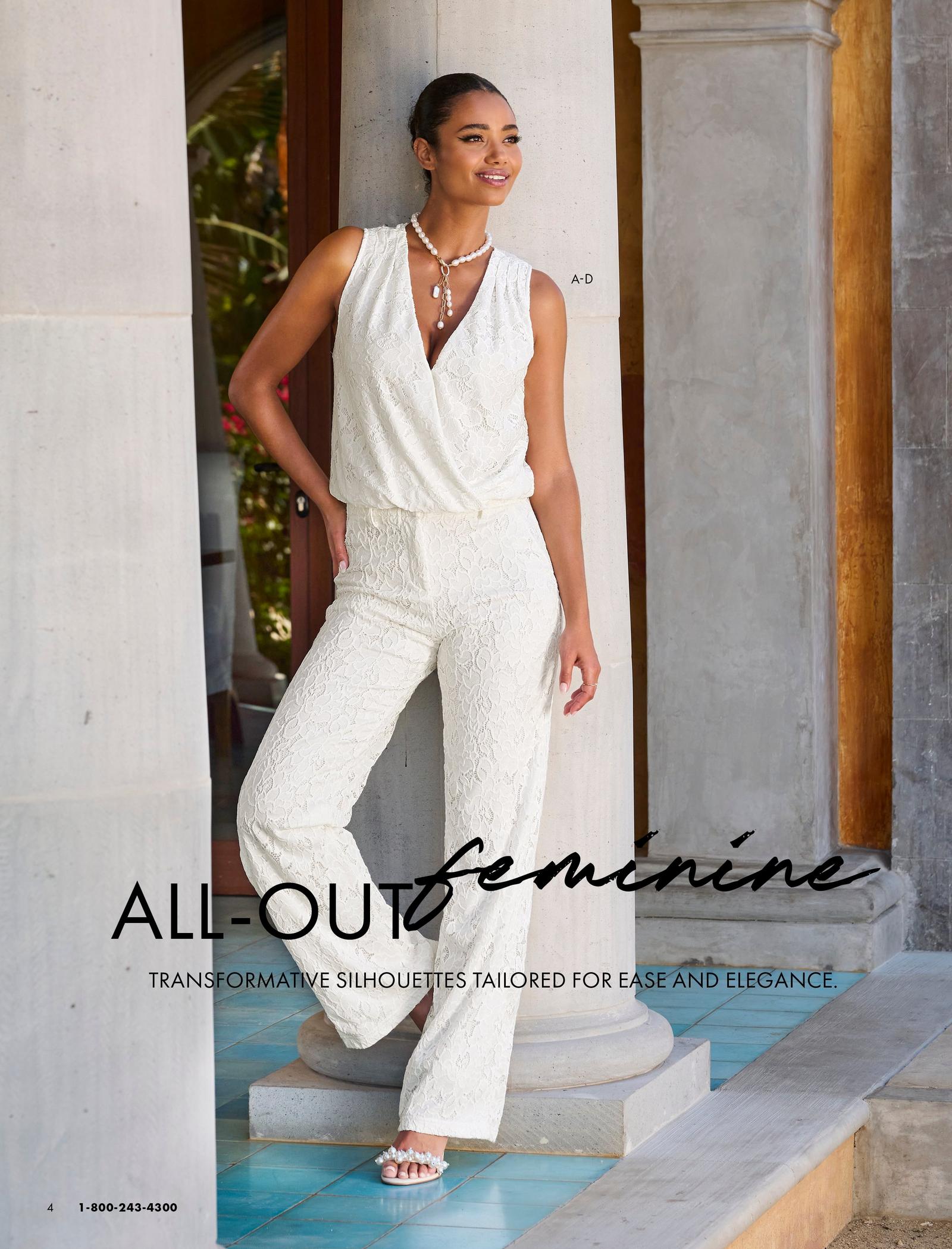 Model is shown wearing the Lace Sleeveless Surplice Knit Top, Knit Lace Straight-Leg Trouser Pant, Pearl And Chain Drop Necklace and  Pearl Ankle Strap Heel.