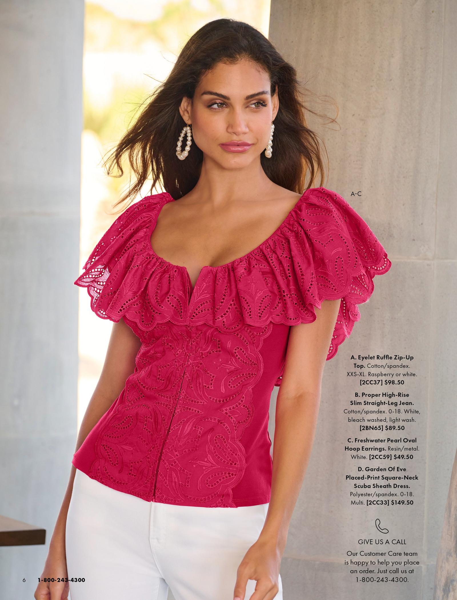 Model is shown wearing the Eyelet Ruffle Zip-Up Top, Proper High-Rise Slim Straight-Leg Jean and the  Freshwater Pearl Oval Hoop Earrings.