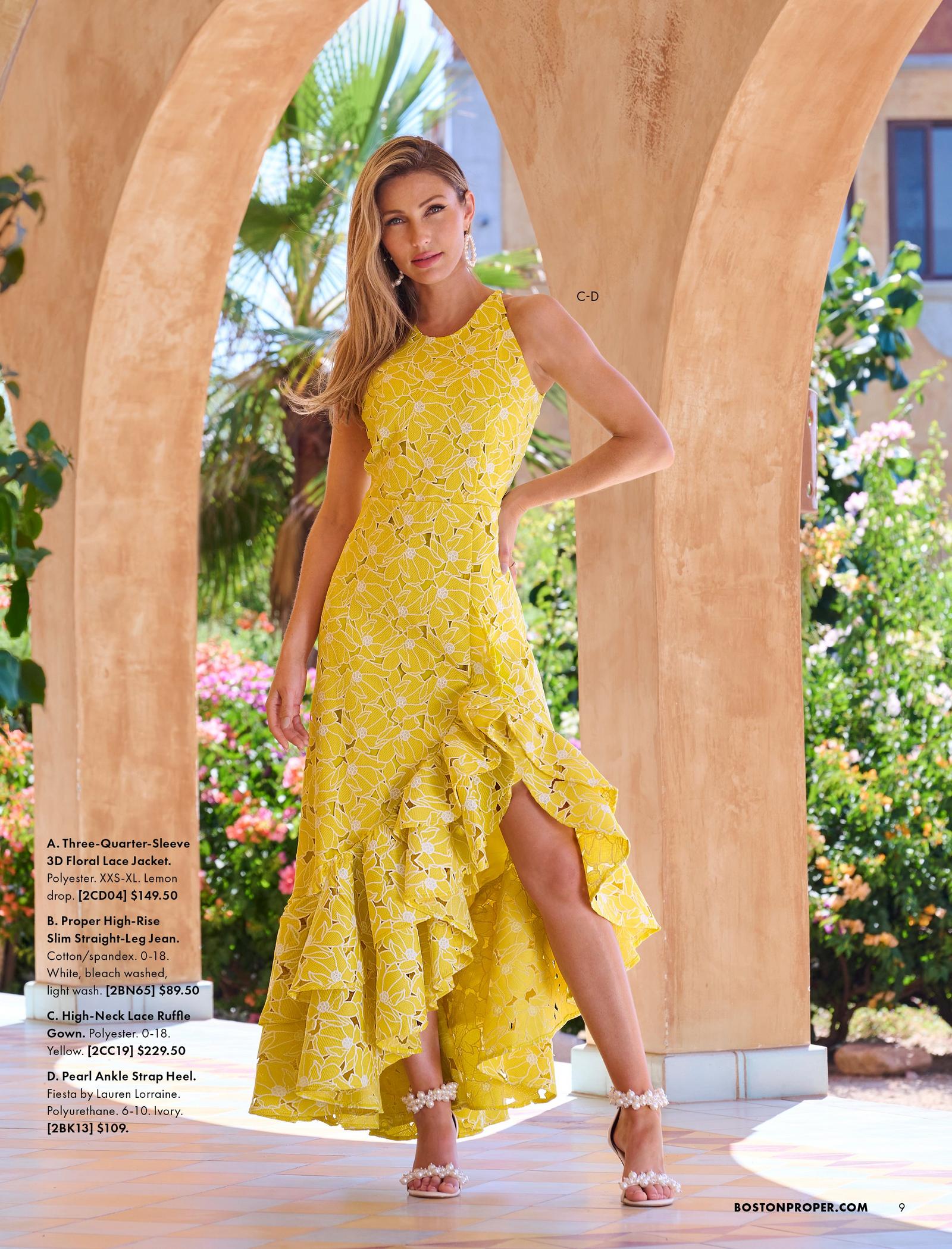 Model is shown wearing the High-Neck Lace Ruffle Gown and the Pearl Ankle Strap Heel.