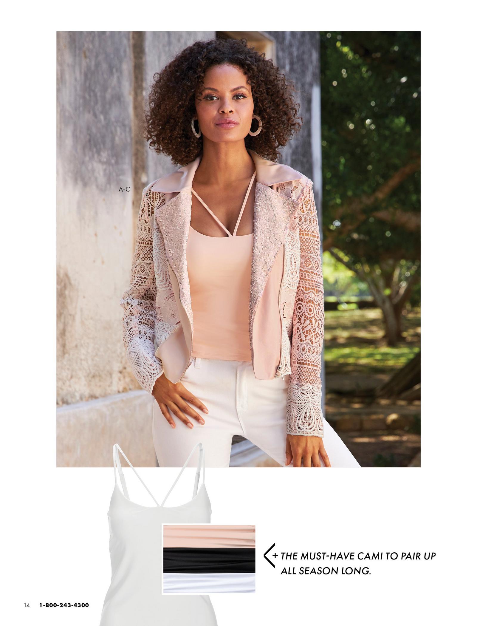 Model is shown wearing the Lace Faux-Leather Moto Jacket, Strappy Cami, and the Proper High Rise Slim Straight-Leg Jean.