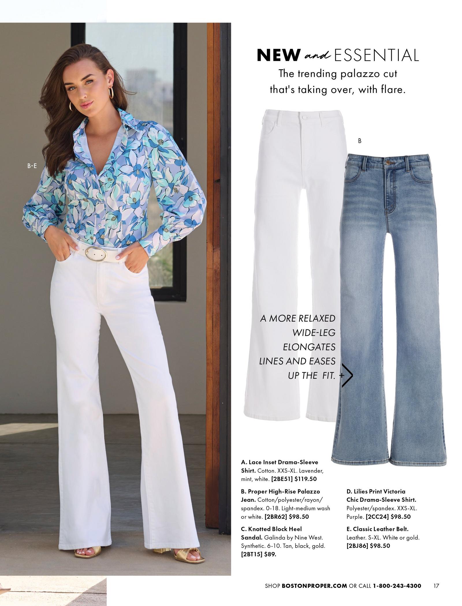 Model is shown wearing the Proper High-Rise Palazzo Jean, Knotted Block Heel Sandal,  Lilies Print Victoria Chic Drama-Sleeve Shirt and the Classic Leather Belt.