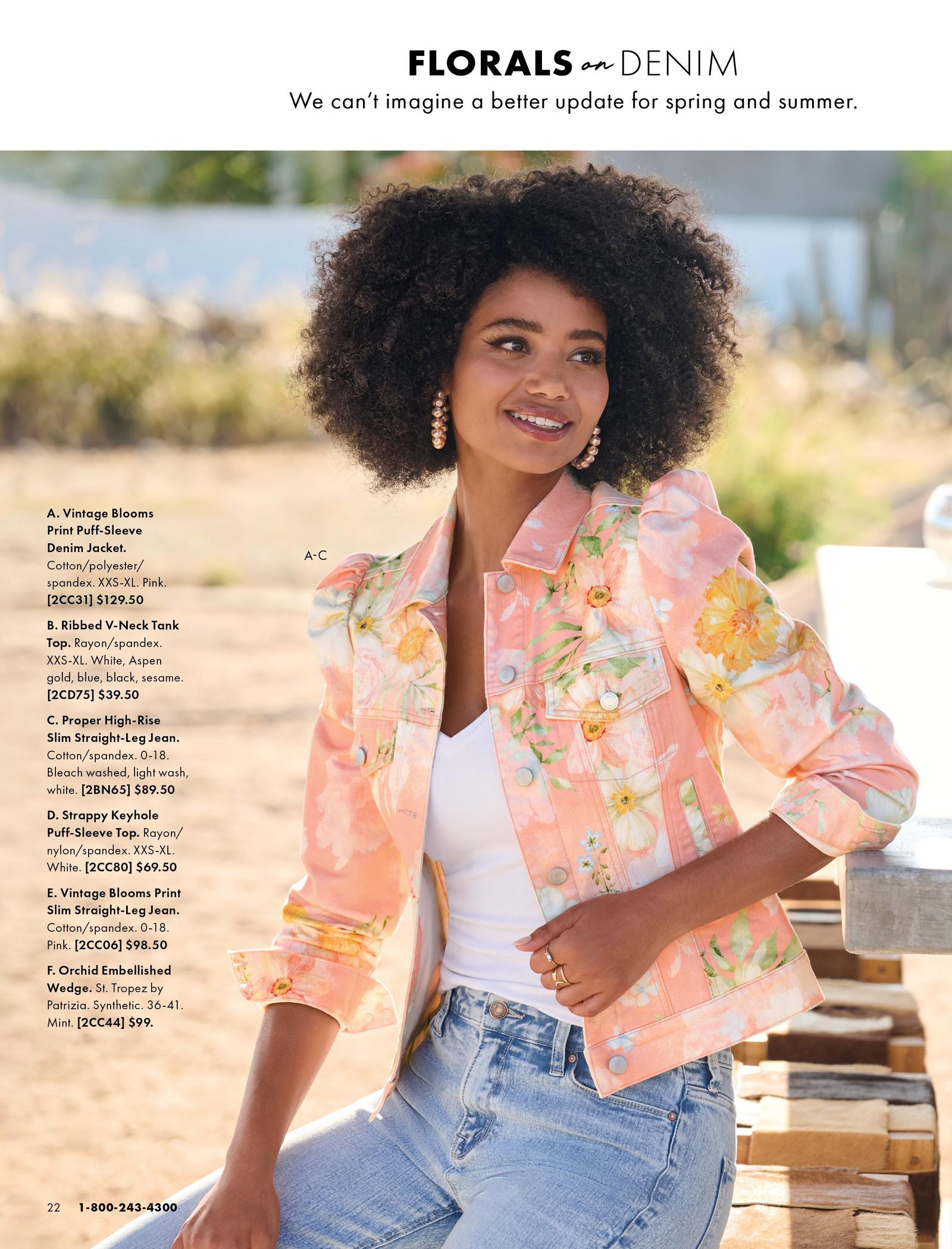 Model is shown wearing the Vintage Blooms Print Puff-Sleeve Denim Jacket, Ribbed V-Neck Tank Top and the Proper High-Rise Slim Straight-Leg Jean.