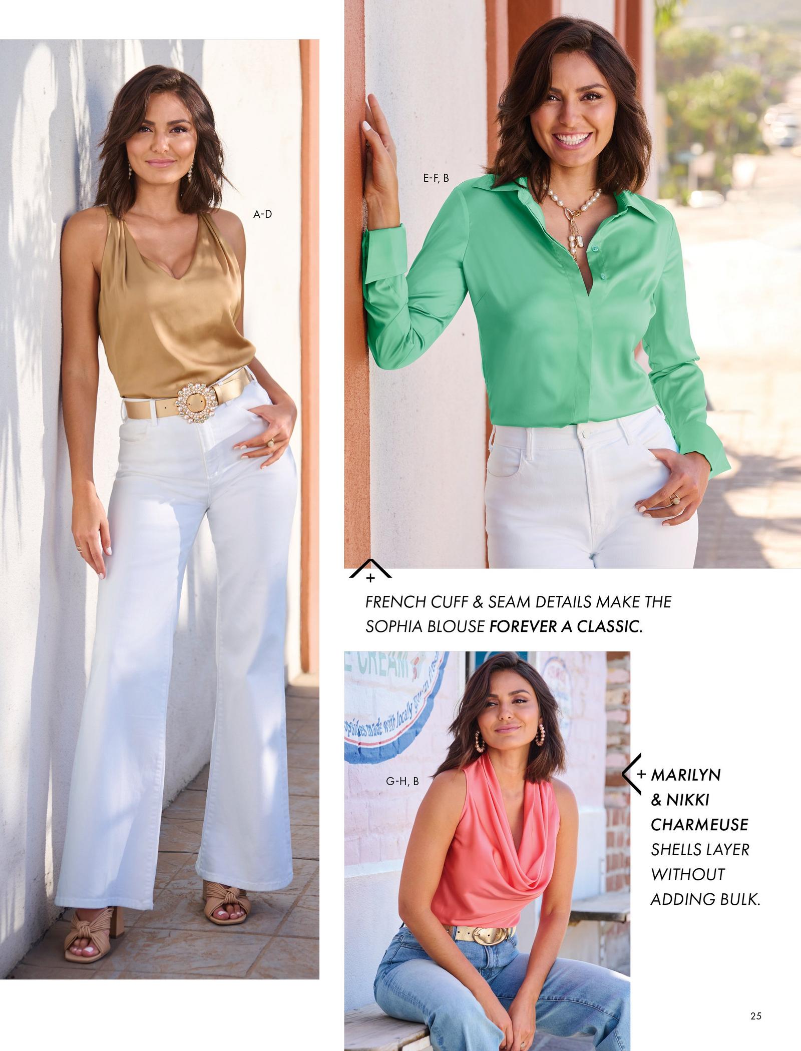 Model on the left is shown wearing the Nikki V-Neck Charmeuse Blouse, the Proper High-Rise Palazzo Jean, Pearl Embellished Metallic Belt and the Knotted Block Heel Sandal. Model on the top right wears the Sophia Button-Up Charmeuse Blouse, the Pearl And Chain Drop Necklace and the Proper High-Rise Palazzo Jean. Model on the bottom right wears the Marilyn Cowl-Neck Charmeuse Blouse, Classic Leather Belt and Proper High-Rise Palazzo Jean.