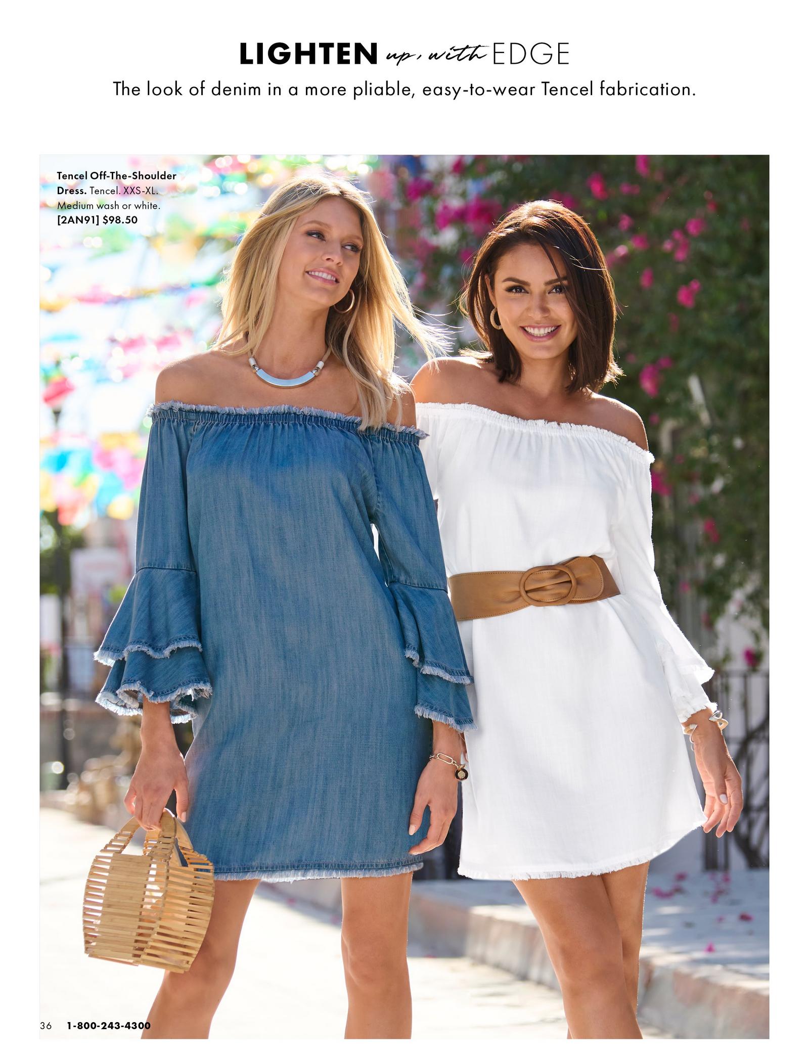 Models are shown in the Tencel Off-The-Shoulder Dress.