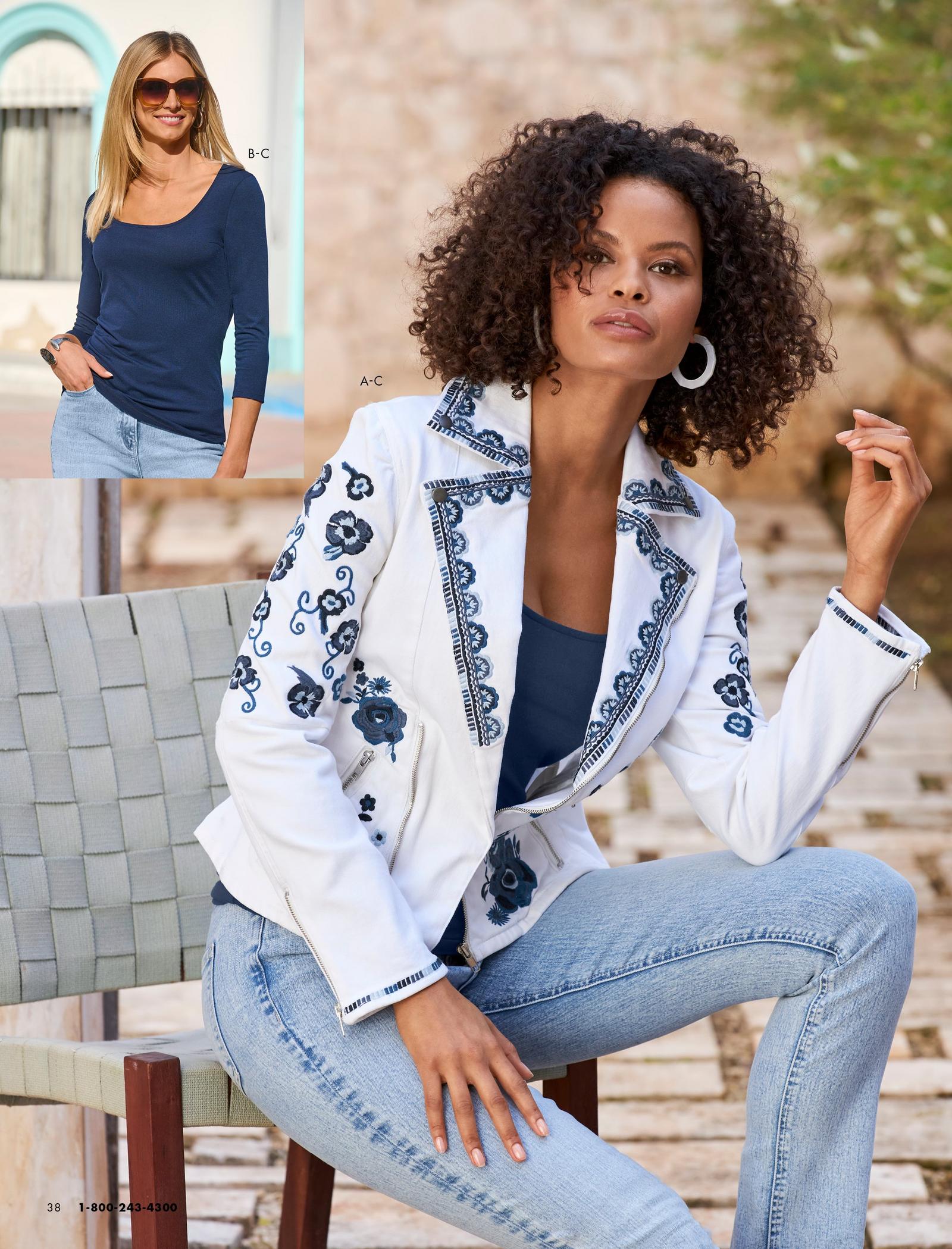 Model on the top left wears the So Sexy Scoop-Neck Top and the  Proper High-Rise Slim Straight-Leg Jean. Model on the right wears the Floral Embroidered  Denim Moto Jacket,  So Sexy Scoop-Neck Top and the Proper High-Rise Slim Straight-Leg Jean.