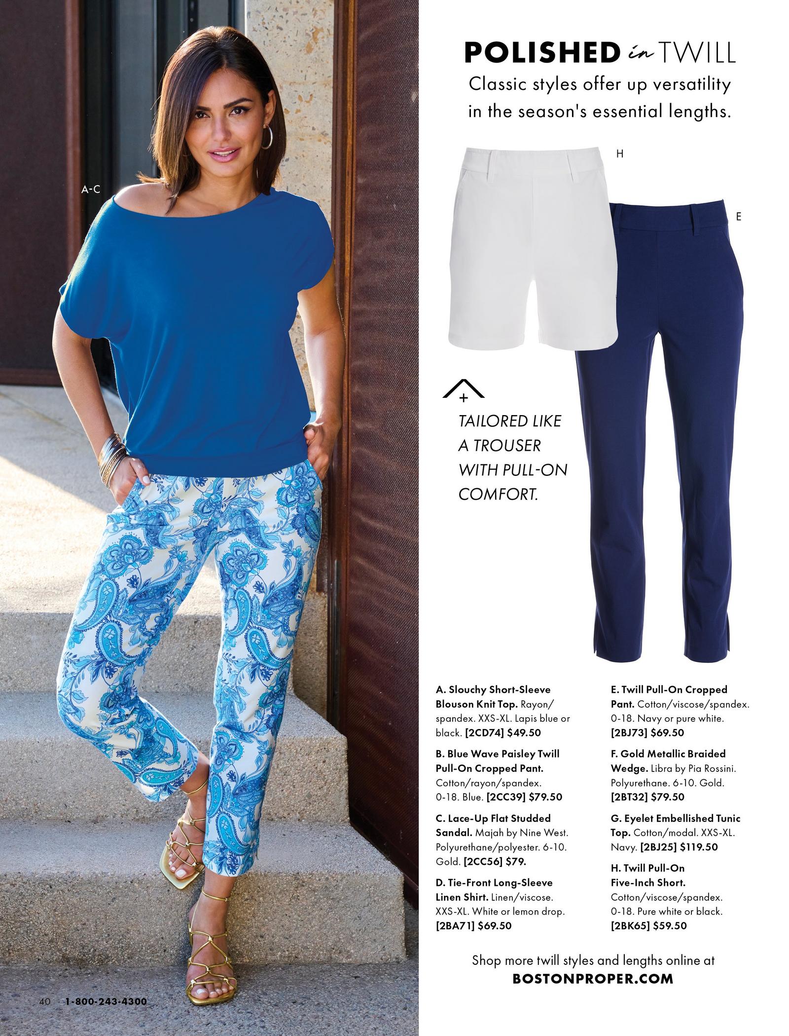 Model is shown wearing the Slouchy Short-Sleeve Blouson Knit Top,  Blue Wave Paisley Twill Pull-On Cropped Pant and the Lace-Up Flat Studded Sandal. Shown is the Twill Pull-On Five-Inch Short and  Twill Pull-On Cropped Pant.
