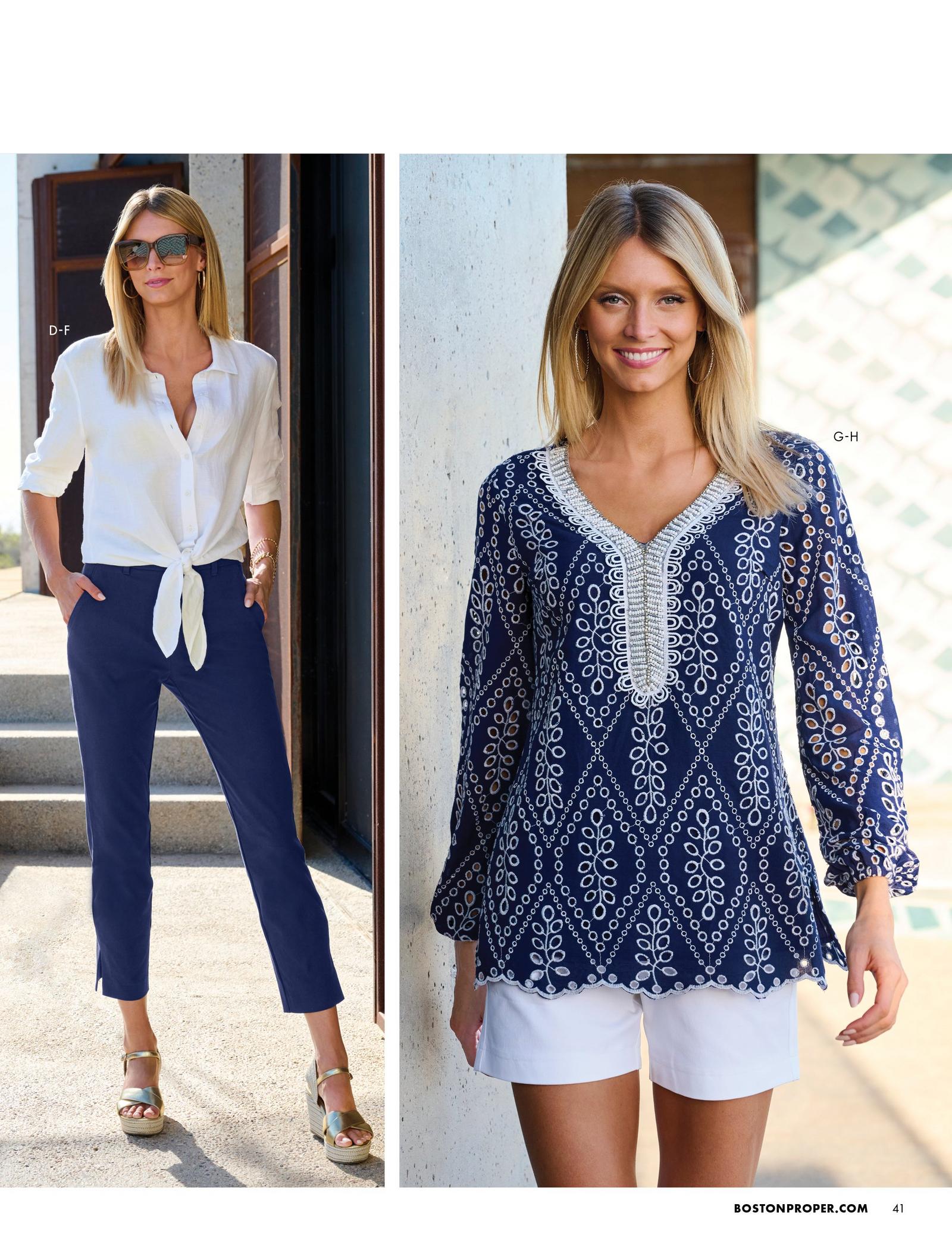 Model on the left wears the Tie-Front Long-Sleeve Linen Shirt,  Twill Pull-On Cropped Pant and the Gold Metallic Braided Wedge. Model on the right wears the Eyelet Embellished Tunic Top and the Twill Pull-On Five-Inch Short.
