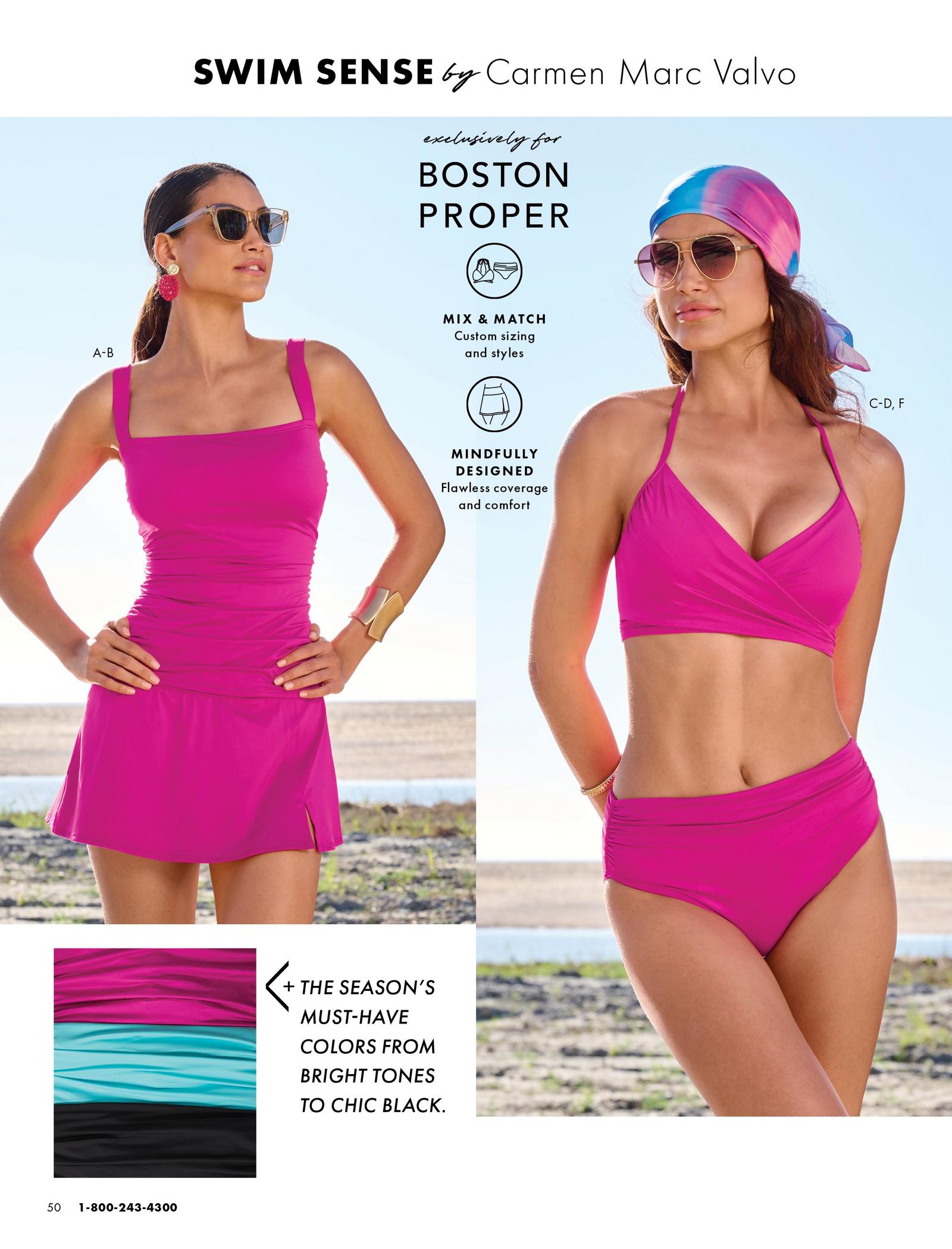Model on the left is shown wearing the Swim Sense Square-Neck Tankini Top and the Swim Sense High-Waisted Skirted Bottom. Model on the right wears the Swim Sense Underwire Wrap Bikini Top, the swim sense High-Waisted Bikini Bottom and the Sunset Shores Long Tie-Front Kimono.