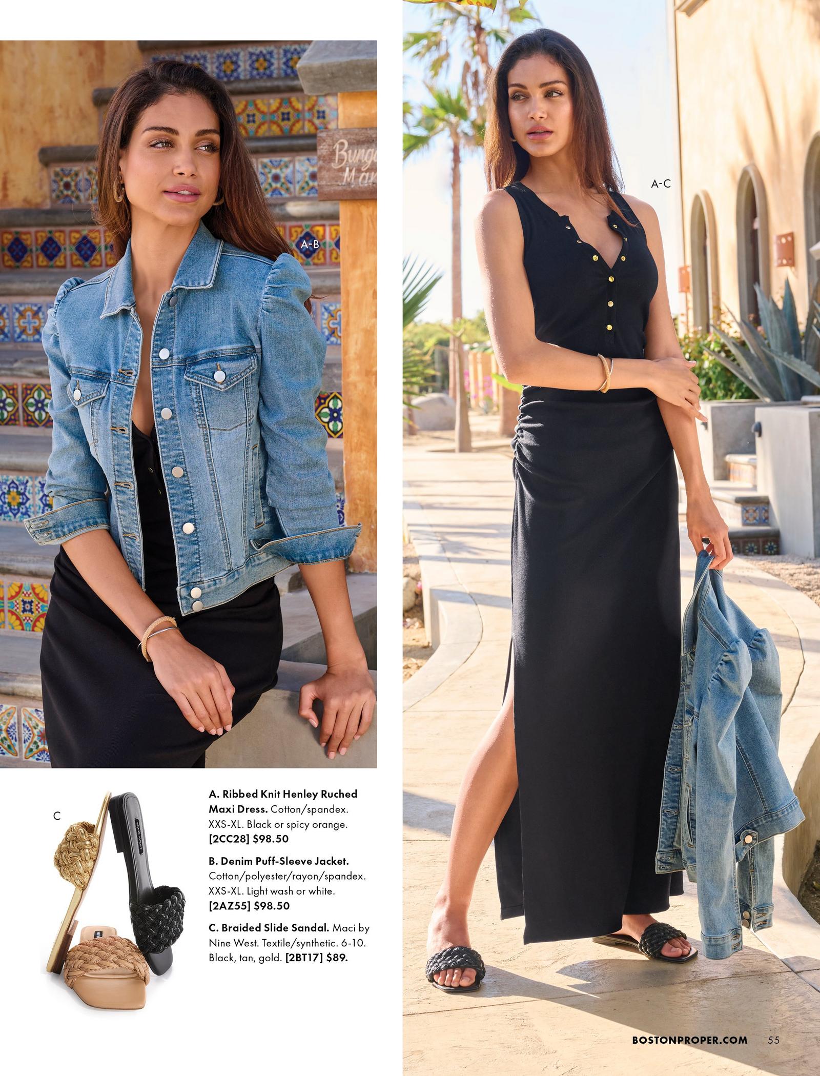 Model on the left is shown wearing the Ribbed Knit Henley Ruched Maxi Dress and the Denim Puff-Sleeve Jacket. Model on the right is shown wearing the  Braided Slide Sandal, Ribbed Knit Henley Ruched Maxi Dress and the Denim Puff-Sleeve Jacket.