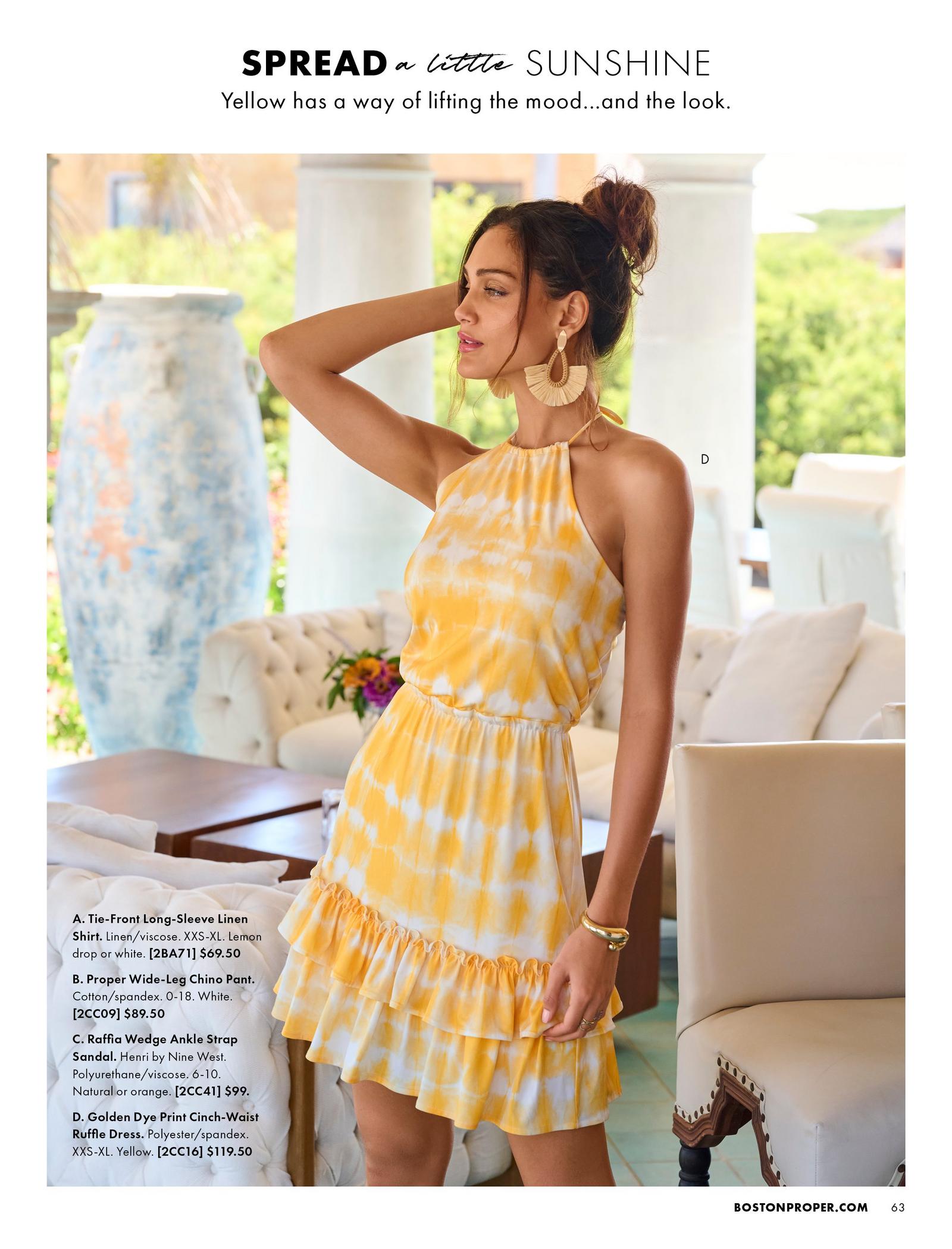 Model is shown wearing the Golden Dye Print Cinch-Waist Ruffle Dress.