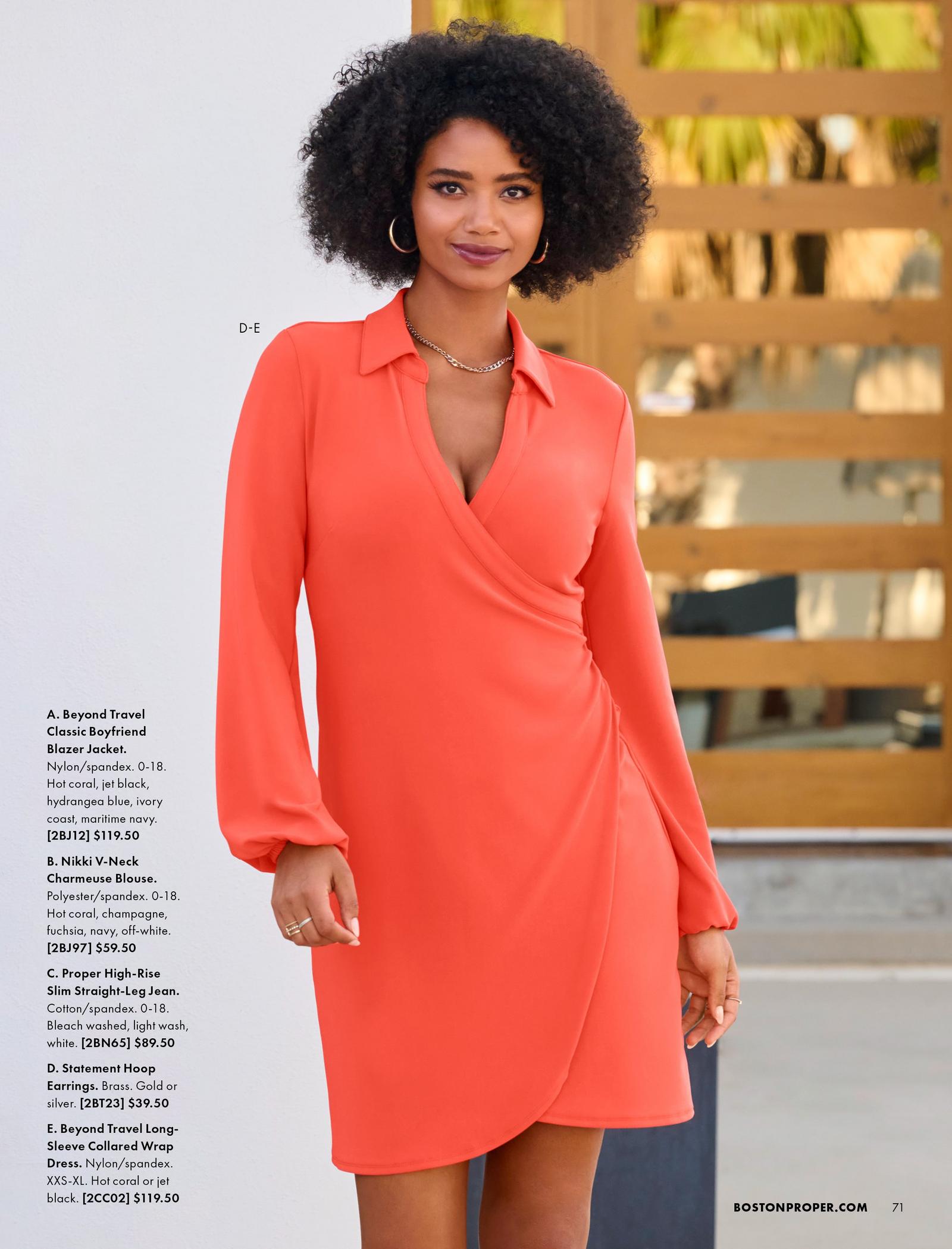 Model is shown wearing the Statement Hoop Earrings and the Beyond Travel Long- Sleeve Collared Wrap Dress.