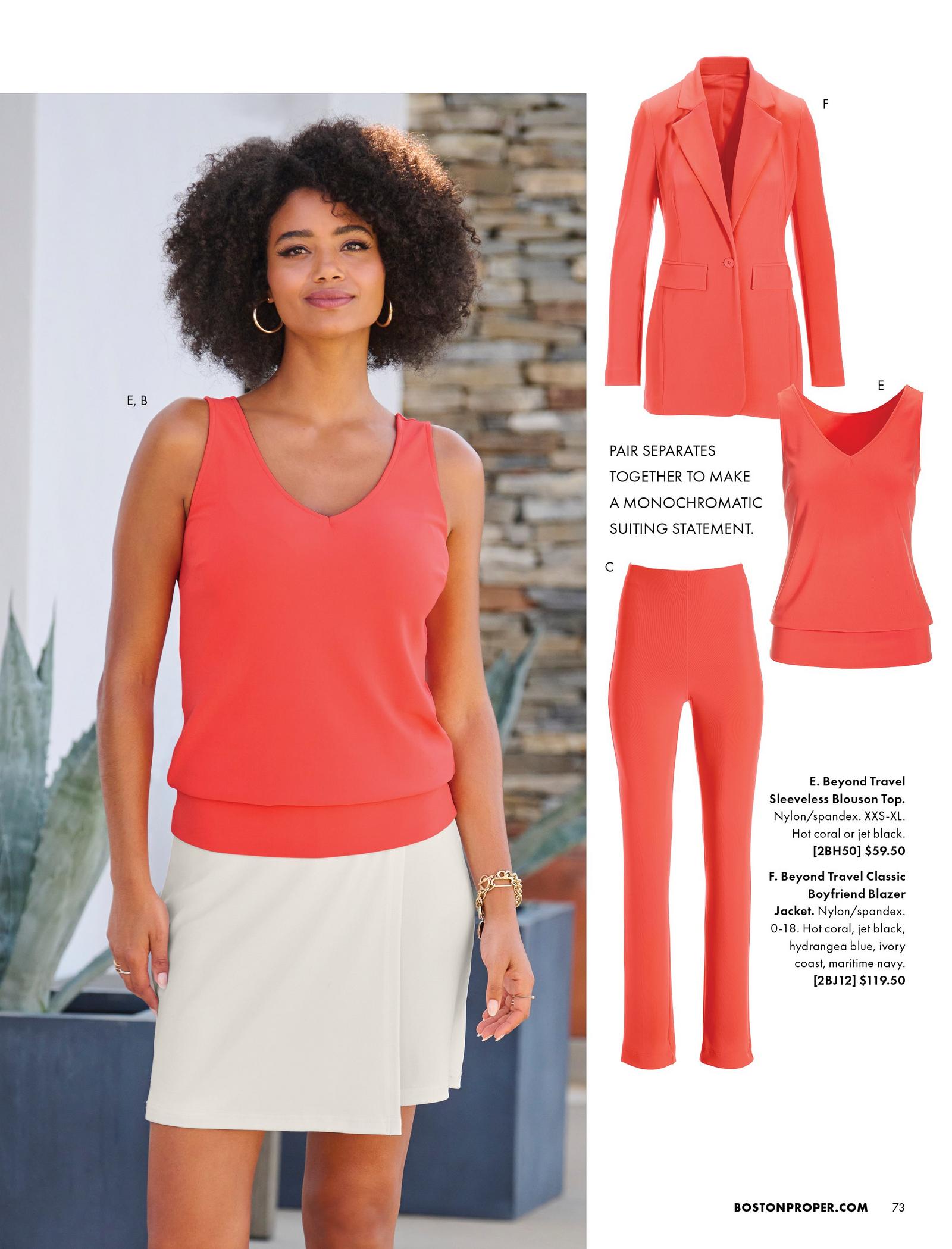 Model is shown wearing the Beyond Travel Sleeveless Blouson Top and the Beyond Travel Classic Skort. Shown are the Beyond Travel Classic Boyfriend Blazer, the Beyond Travel Sleeveless Blouson Top and the Beyond Travel High-Rise Pant.