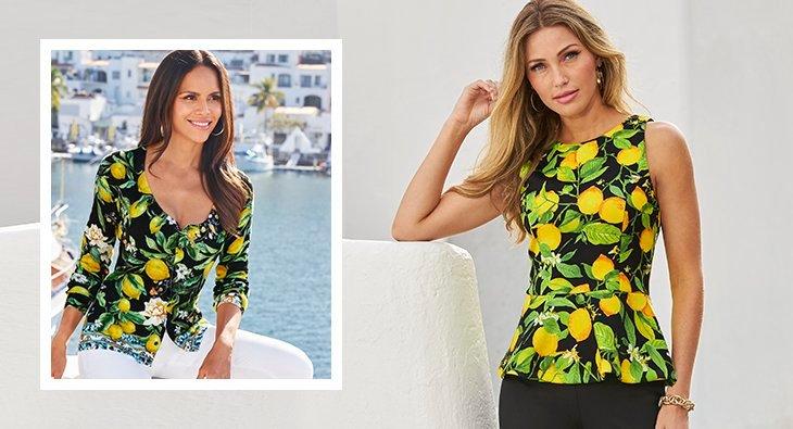 left model wearing a lemon print long-sleeve button up cardigan and white jeans. right model wearing a sleeveless lemon print peplum top and black pants.