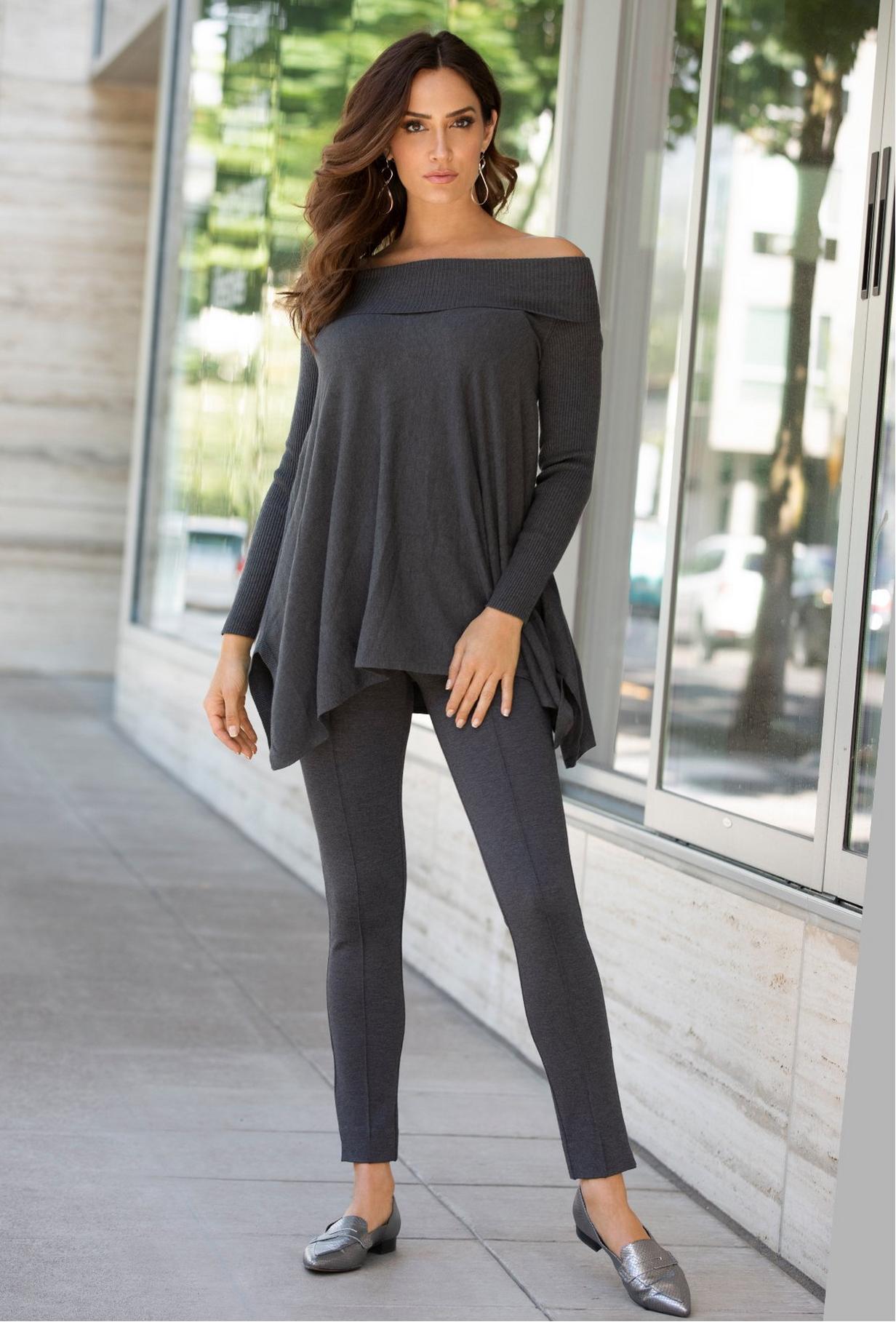 off the shoulder gray top with grey ponte leggings