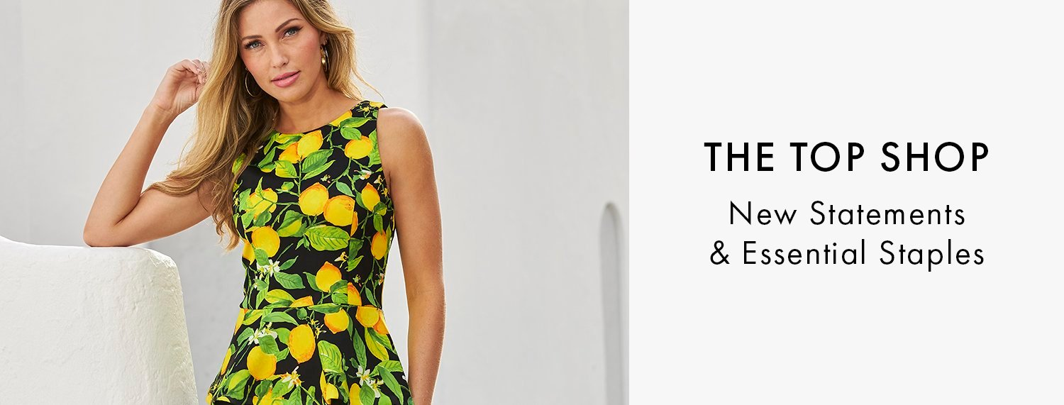 new tops model wearing a black and lemon print sleeveless peplum top.