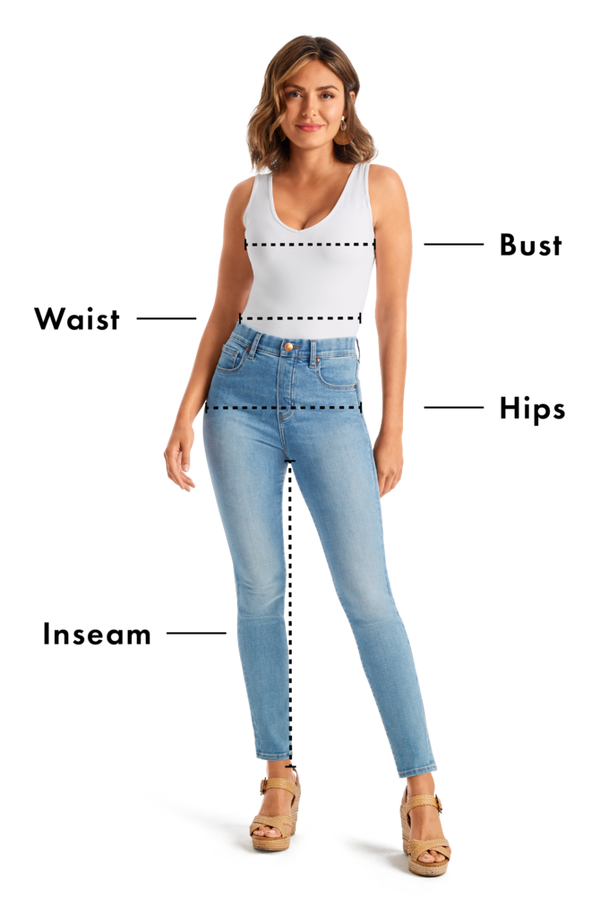 Model wearing a white tank top and blue jeans.