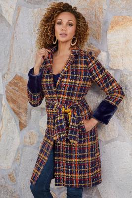 plaid faux-fur cuff coat