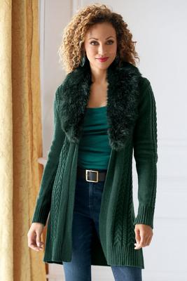 faux-fur collar cable cardigan