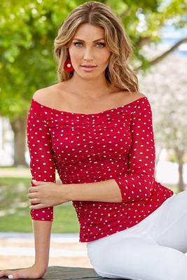 polka dot ruched off-the-shoulder top
