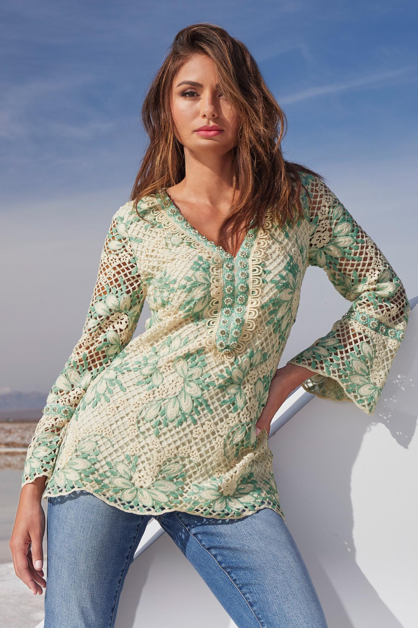 Lace Embellished Tunic Top Off White Multi