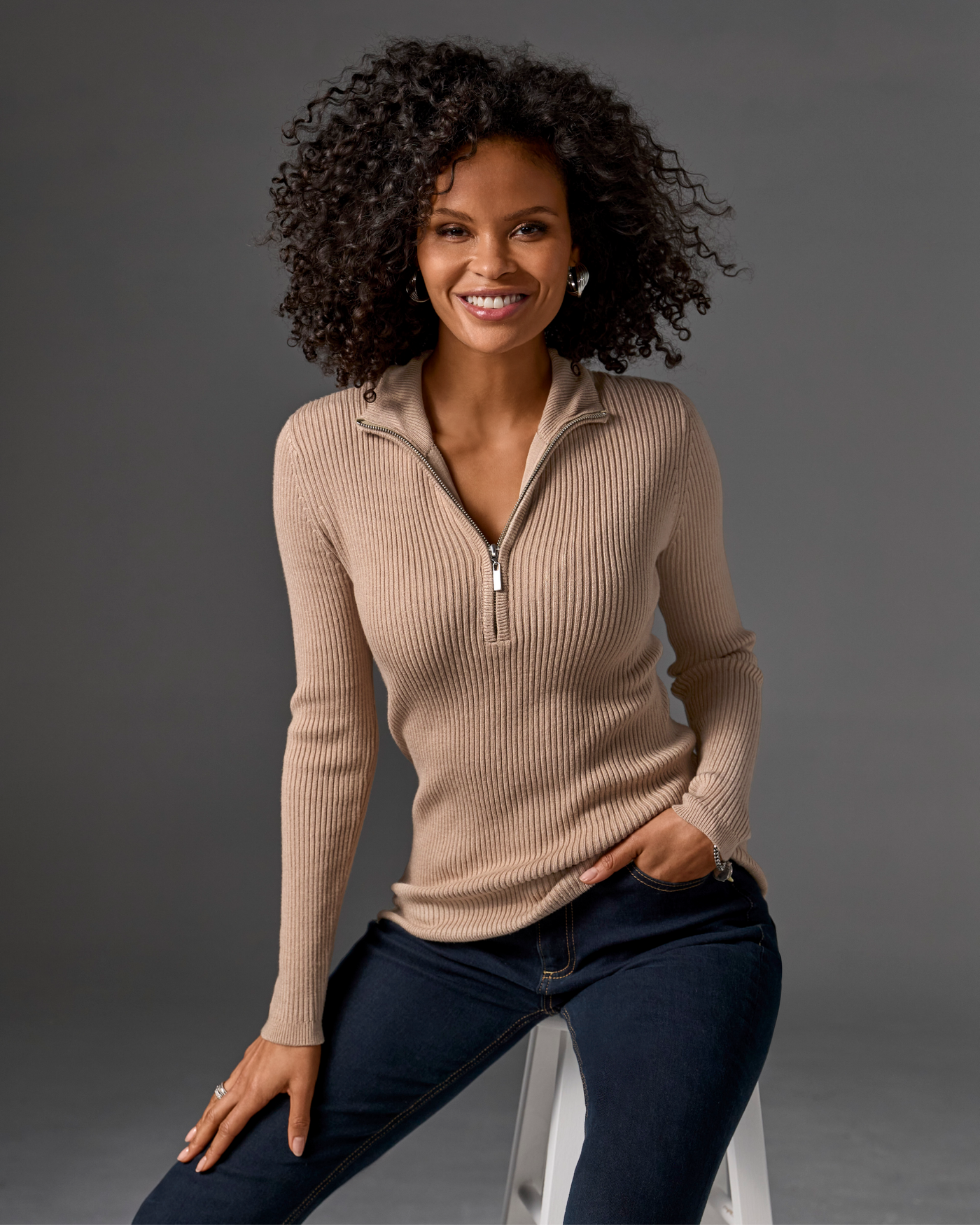 Ribbed Half Zip Up Sweater Sesame