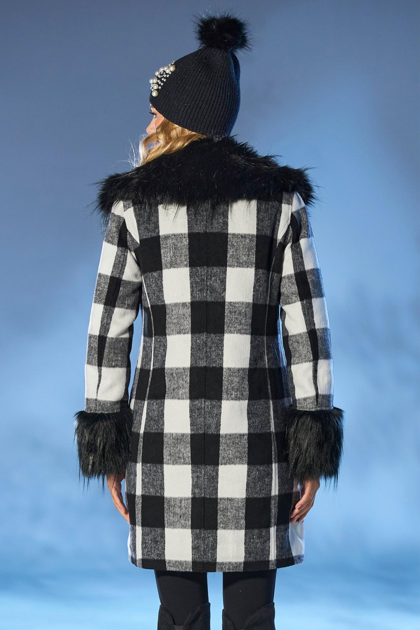 Buffalo Check Faux Fur Coat - White/Black – Boston Proper