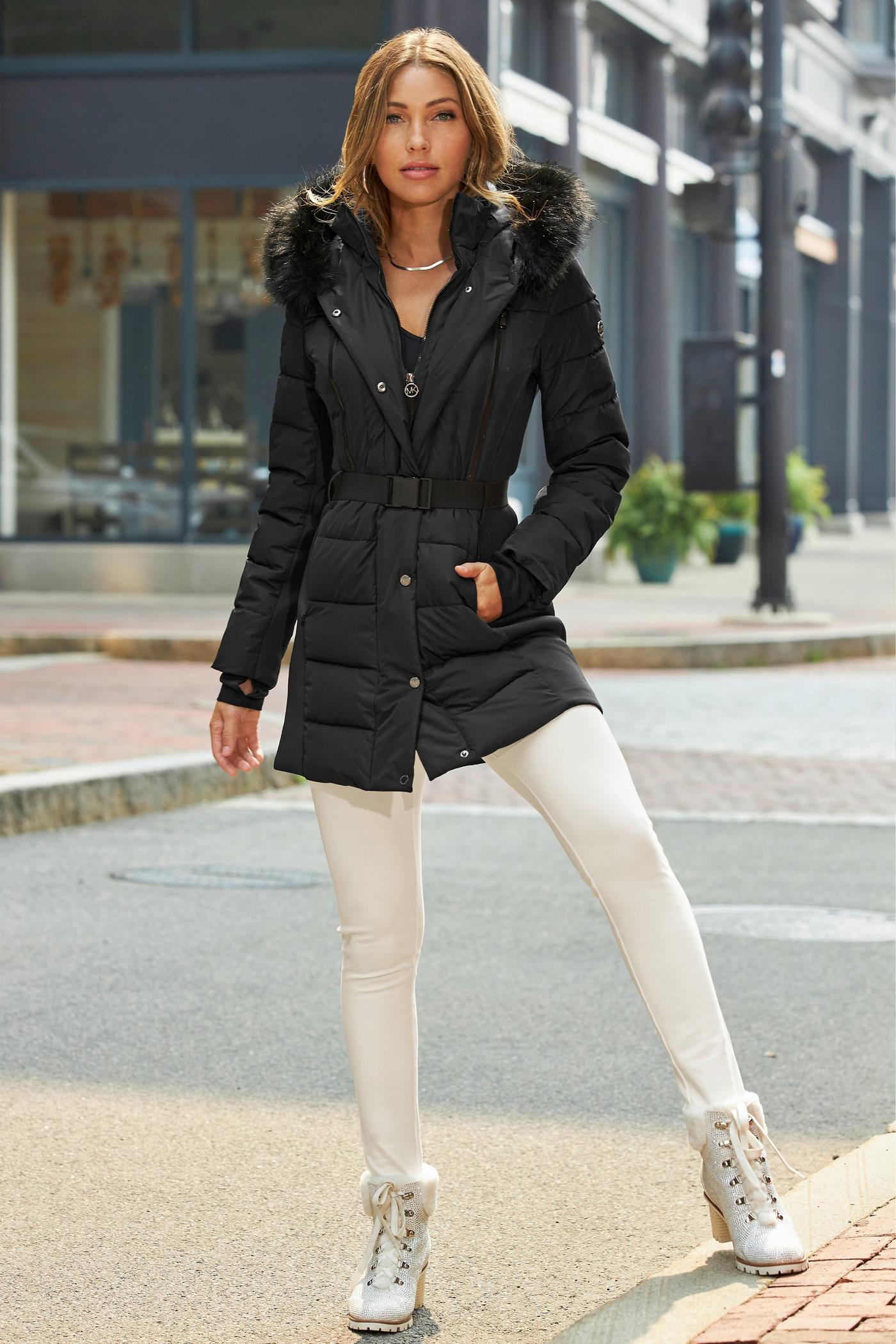 Belted Faux Fur Trim Puffer Jacket - Black | Boston Proper