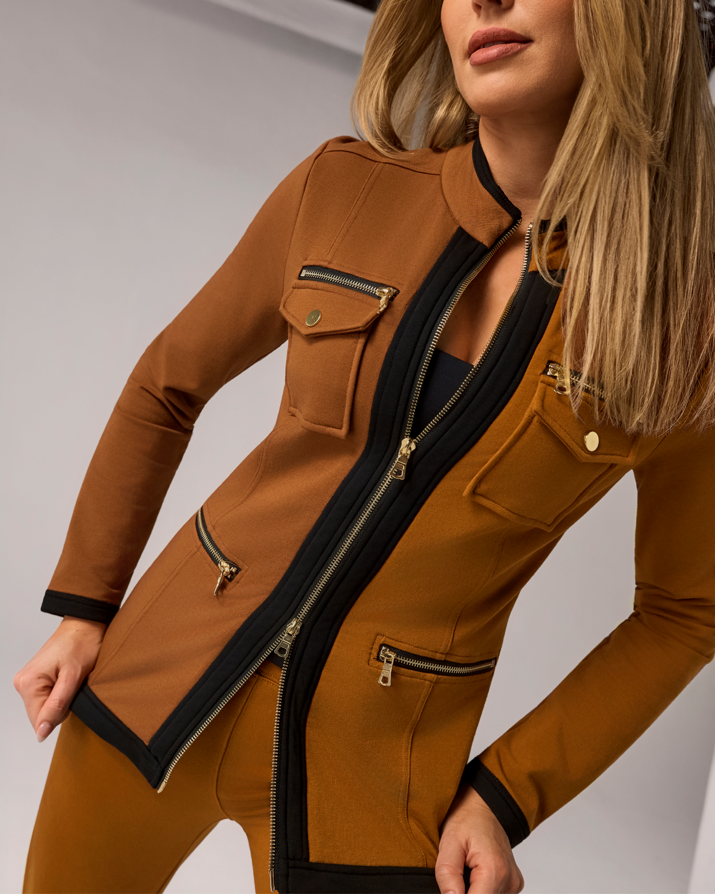 Chic Zippered Sport Coordinate Set Tortoise Shell