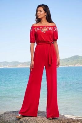 embroidered off-the-shoulder tie-waist jumpsuit