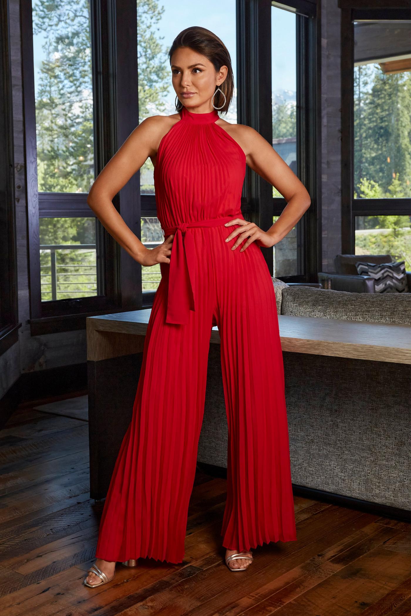 Pleated High-Neck Jumpsuit Red