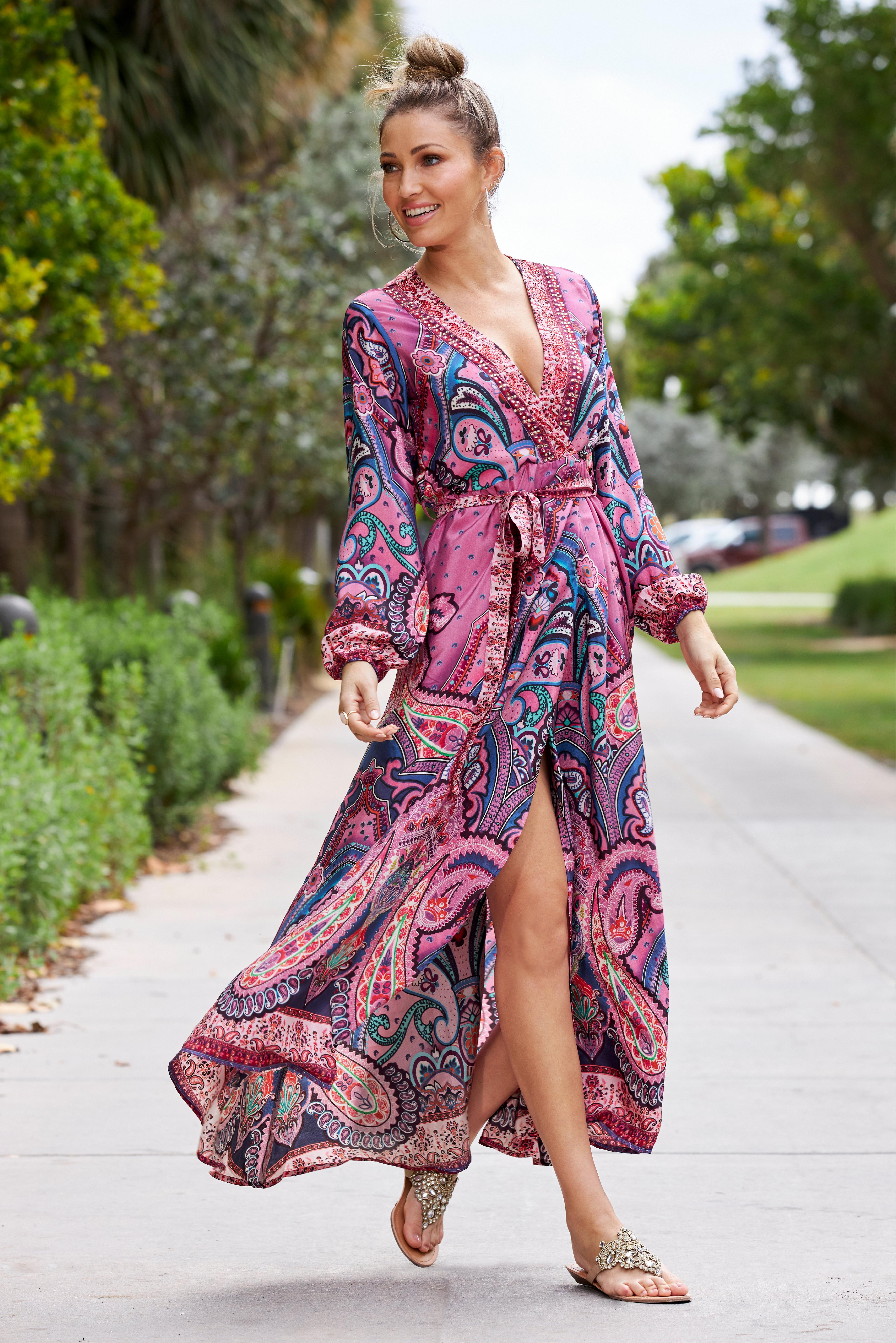 Embellished Paisley Print Wrap Maxi Dress | Boston Proper