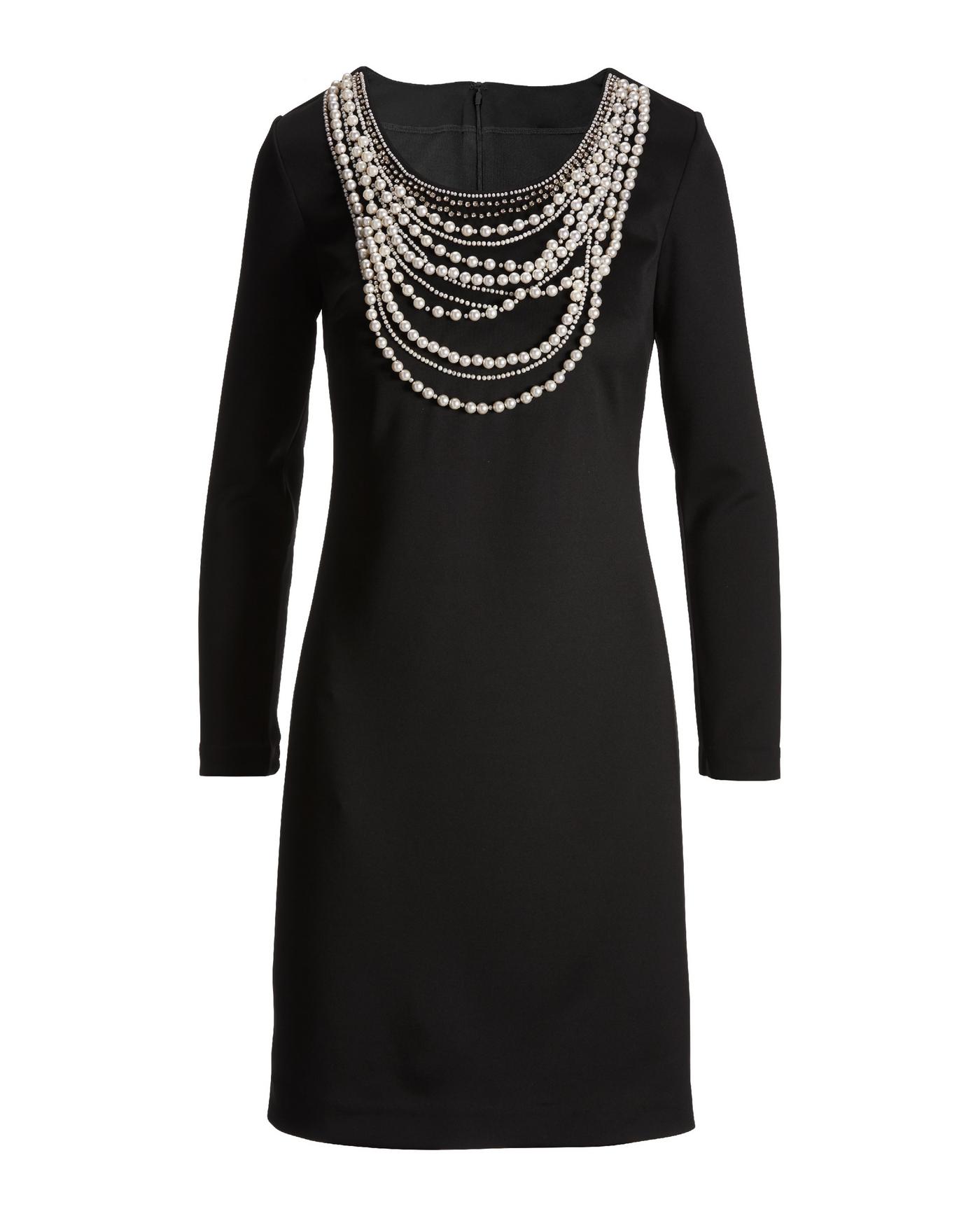 black dress and pearls Mac Duggal Pearl-Encrusted One-Shoulder Long Sleeve Mini - 11.8 inch Strappy-Back Long Prom Dress with