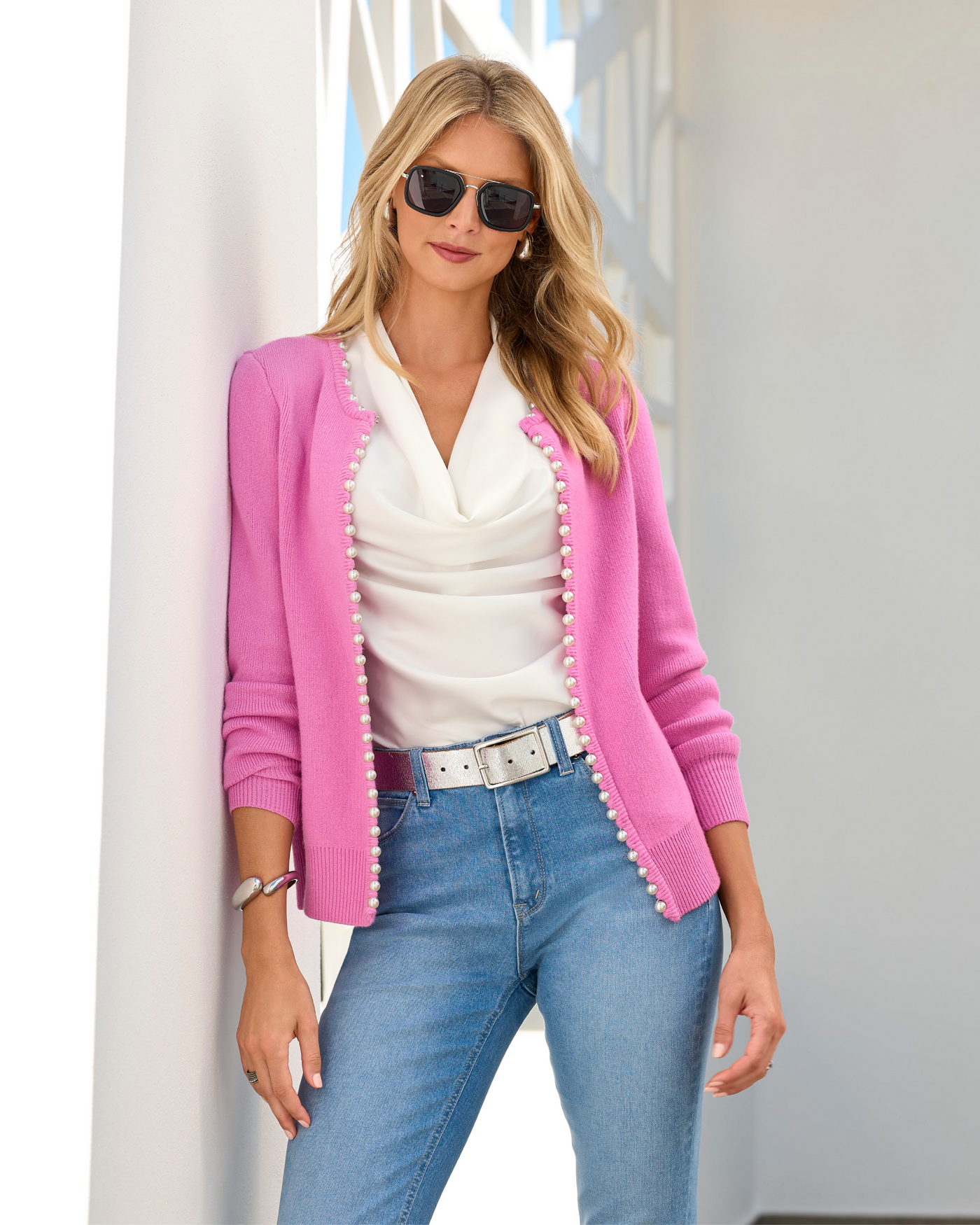 Pearl Trim Cardigan Fuchsia Pink