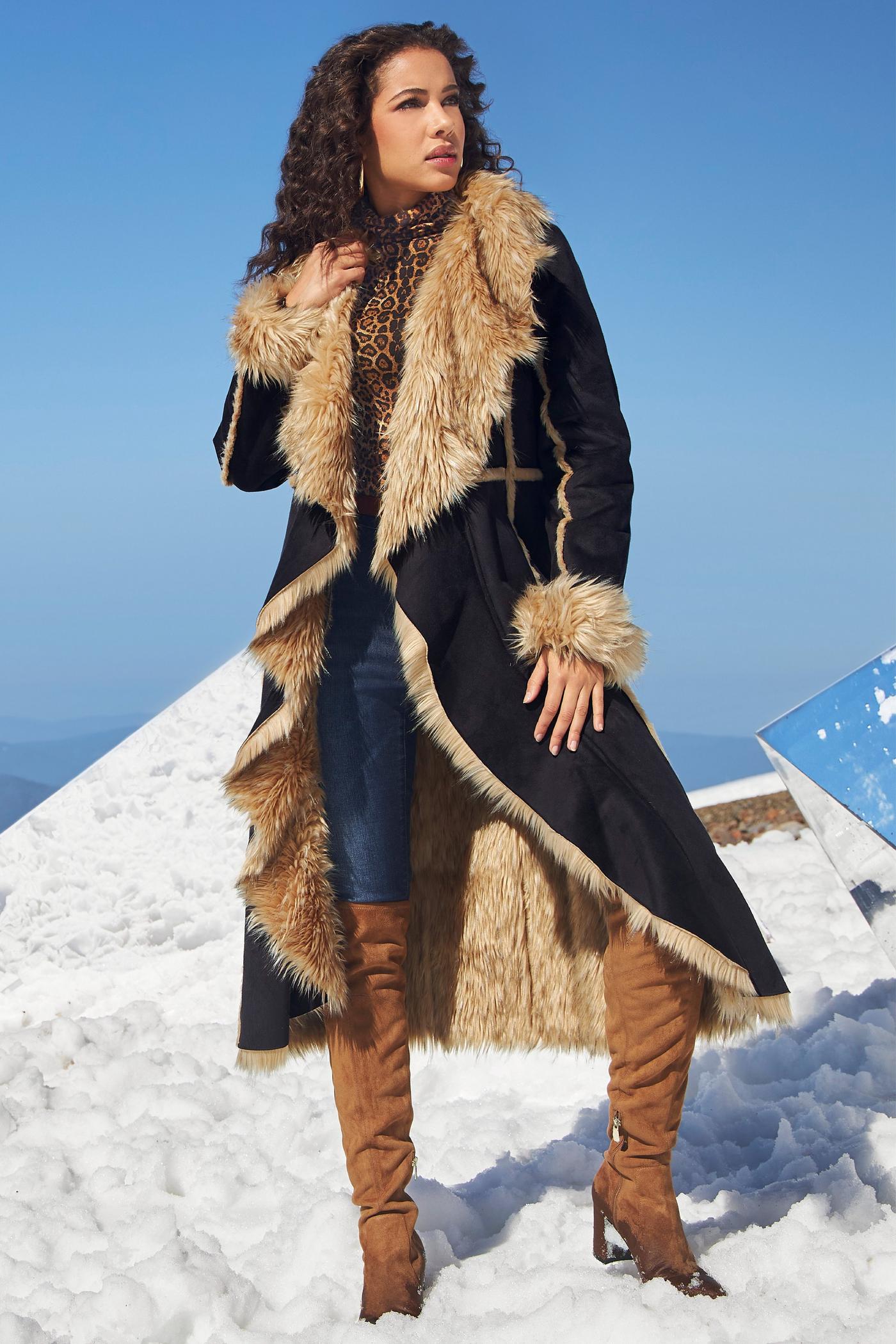 Faux-Fur Cascading Coat Black/Brown