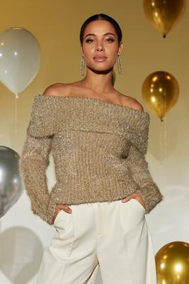 Display product reviews for Off-the-Shoulder Slouchy Metallic Sweater