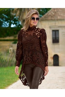 Mock-Neck Lace High-Low Blouse With Cami