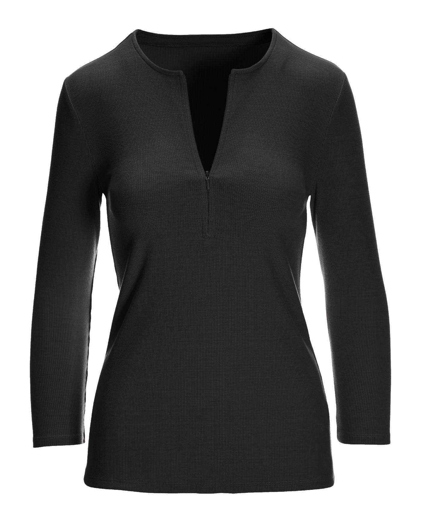 Ribbed Zip-Front Three-Quarter Sleeve Knit Top Black