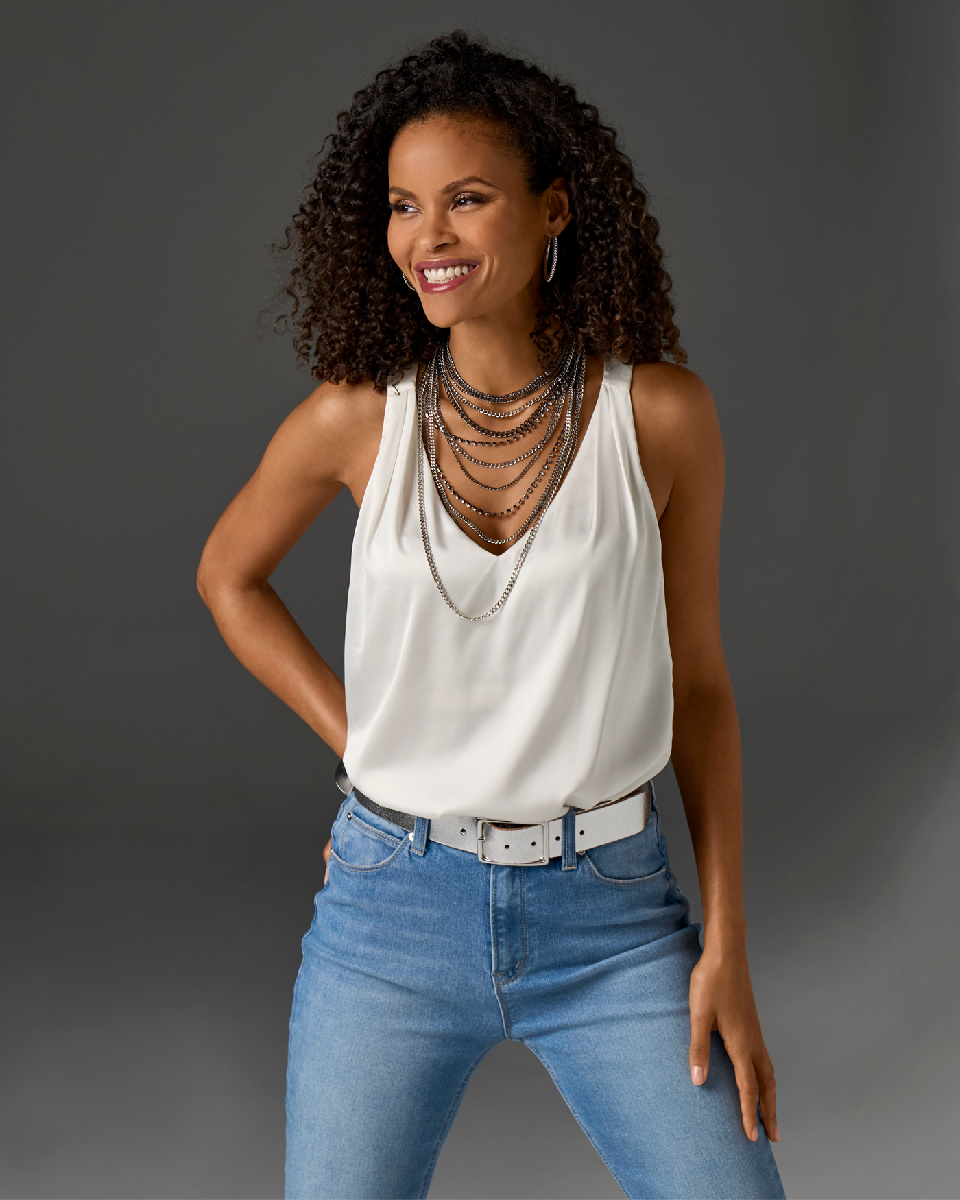 Nikki V-Neck Charmeuse Blouse Off White