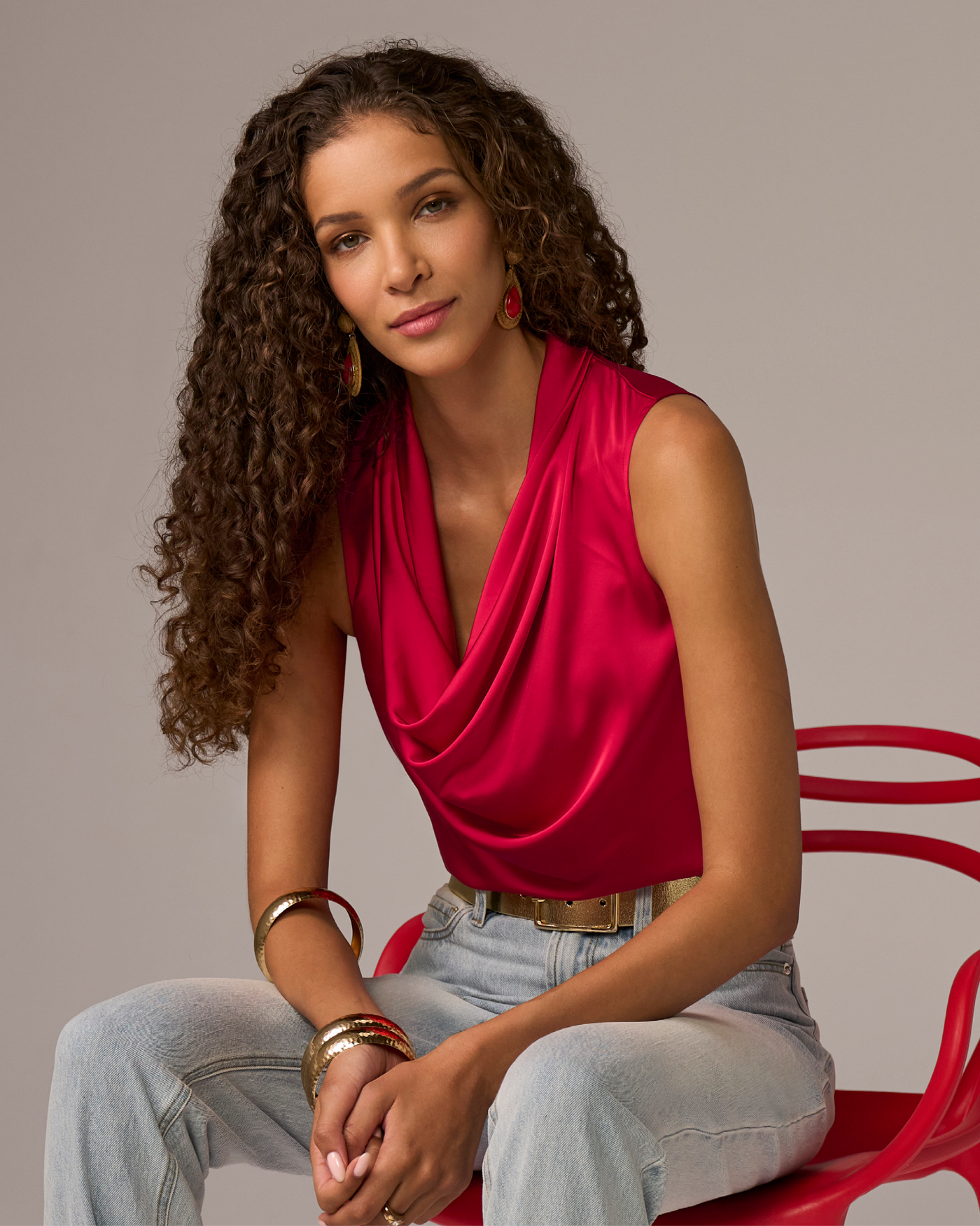 Marilyn Cowl-Neck Charmeuse Blouse Tomato Red